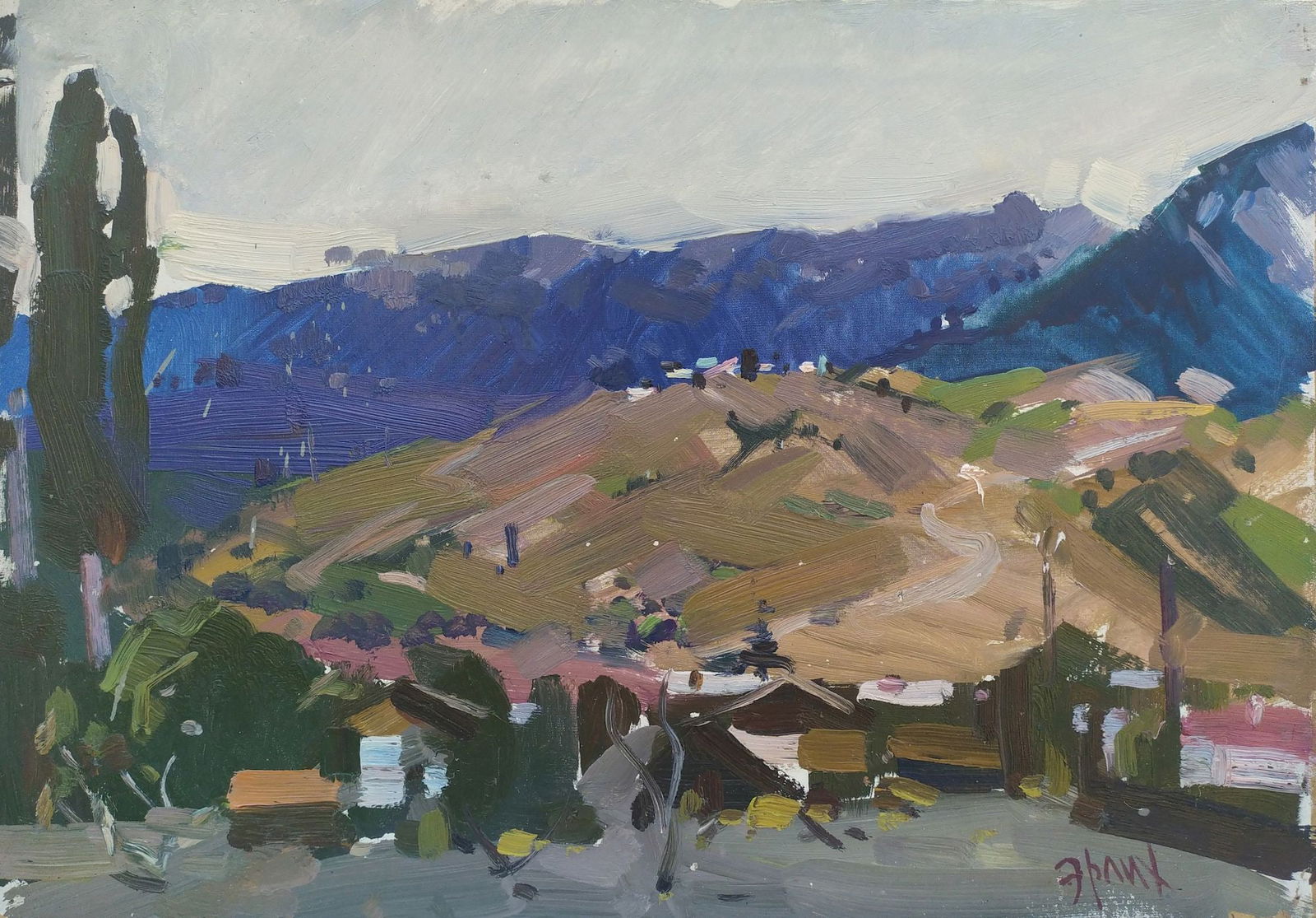 Erlih Volodymyr (Ukrainian artist), "Mountain village", oil on cardboard: Title: Erlih Volodymyr (Ukrainian artist), "Mountain village", oil on cardboard Artist: Erlih Volodymyr Isaakovich Description: ARTIST: Erlih Volodymyr Isaakovich, Ukrainian artist TITLE: "Mountain vi