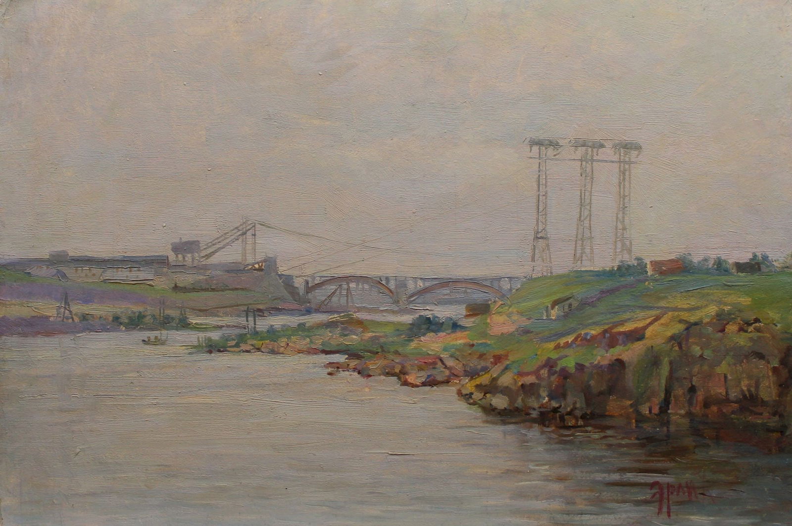 Erlih Volodymyr (Ukrainian artist), "Bridge", oil on cardboard: Title: Erlih Volodymyr (Ukrainian artist), "Bridge", oil on cardboard Artist: Erlih Volodymyr Isaakovich Description: ARTIST: Erlih Volodymyr Isaakovich, Ukrainian artist TITLE: "Bridge" SIZE: 36 x 52