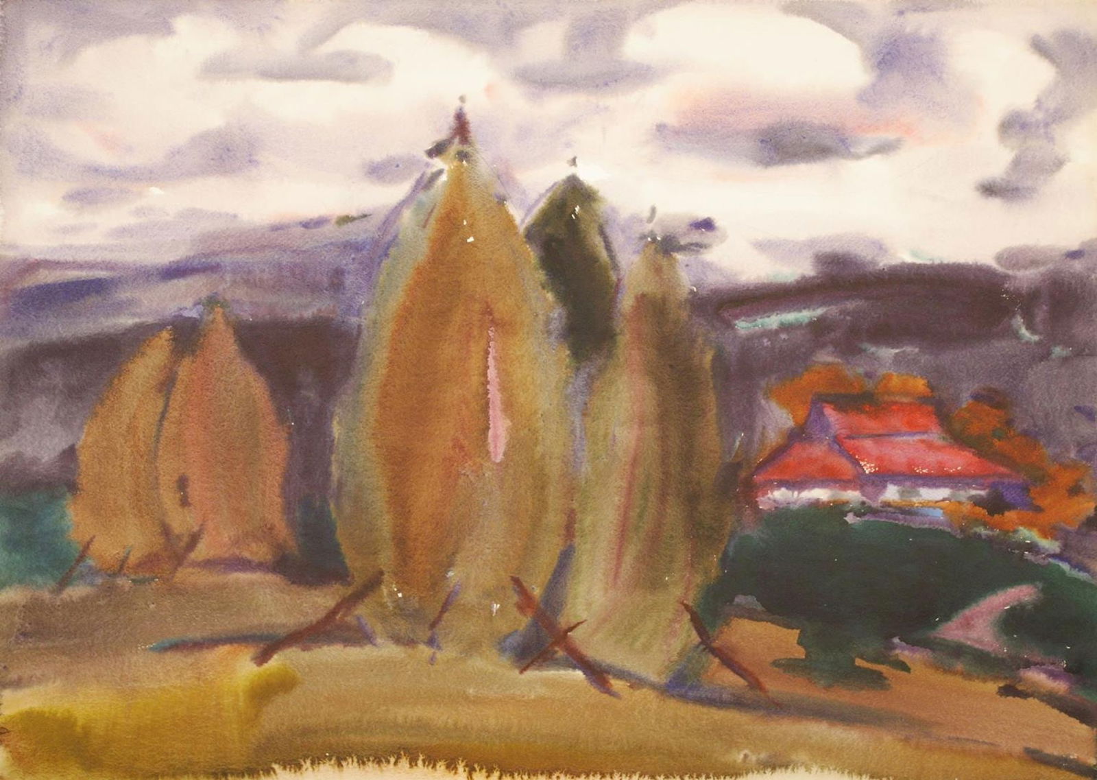 Mynka Olexandr (Ukrainian artist), "Flax sheaves", watercolor on paper: Title: Mynka Olexandr (Ukrainian artist), "Flax sheaves", watercolor on paper Artist: Mynka Olexandr Fedorovich Description: ARTIST: Mynka Olexandr Fedorovich, Ukrainian artist TITLE: "Flax sheaves" S