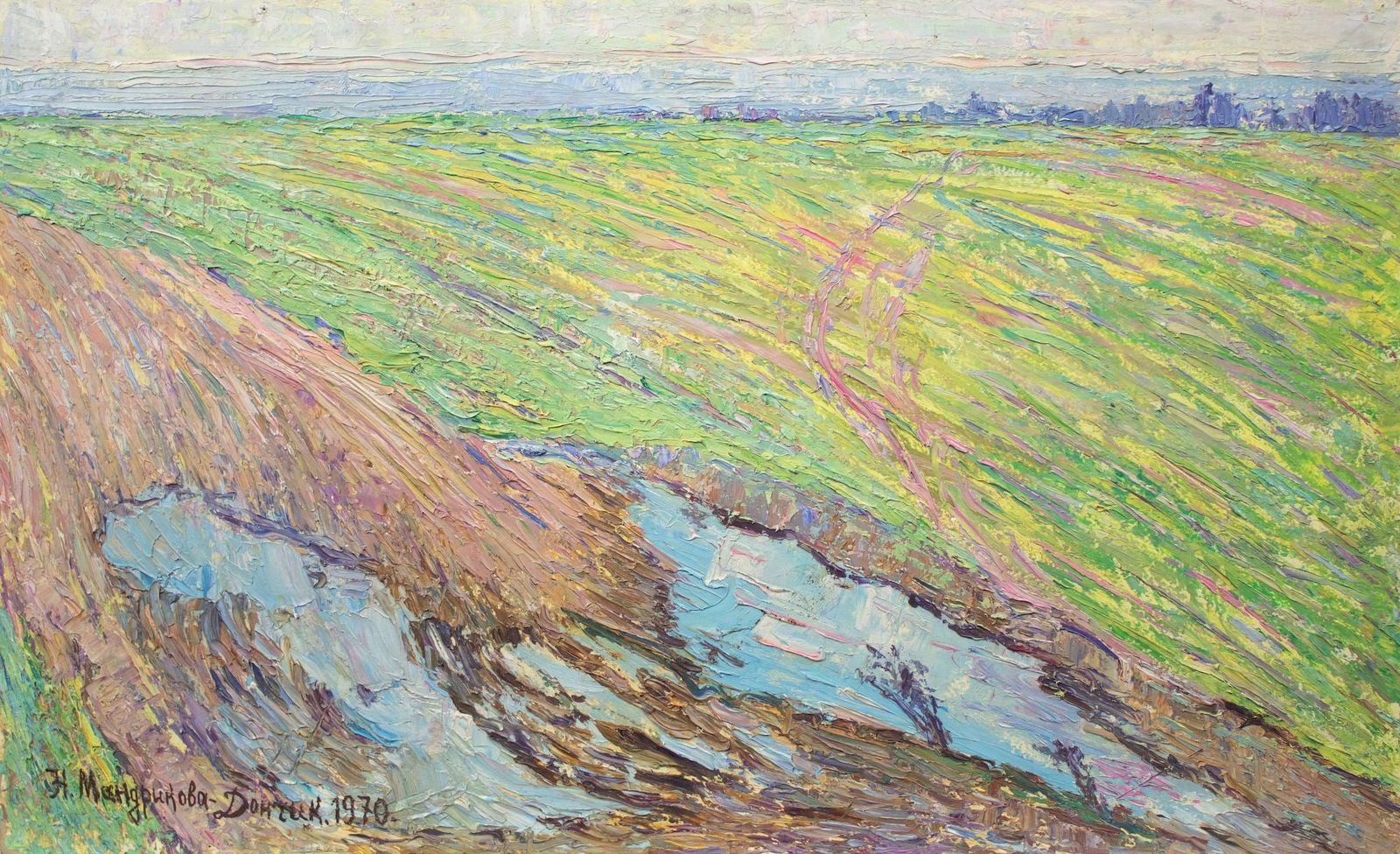 Mandrikova-Donchik Nadia (Ukrainian artist), "Road after rain", oil on cardboard: Title: Mandrikova-Donchik Nadia (Ukrainian artist), "Road after rain", oil on cardboard Artist: Mandrikova-Donchik Nadia Oleksiivna Description: ARTIST: Mandrikova-Donchik Nadia Oleksiivna, Ukrainian