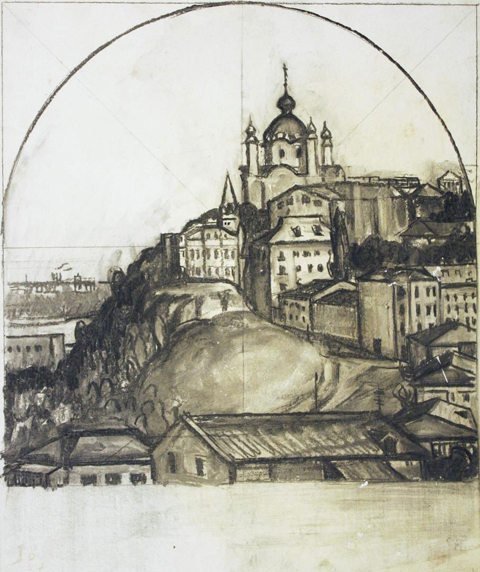 Mynka Olexandr (Ukrainian artist), "Sketch. Old Kyiv", mixed technique on cardboard: Title: Mynka Olexandr (Ukrainian artist), "Sketch. Old Kyiv", mixed technique on cardboard Artist: Mynka Olexandr Fedorovich Description: ARTIST: Mynka Olexandr Fedorovich, Ukrainian artist TITLE: "Sk