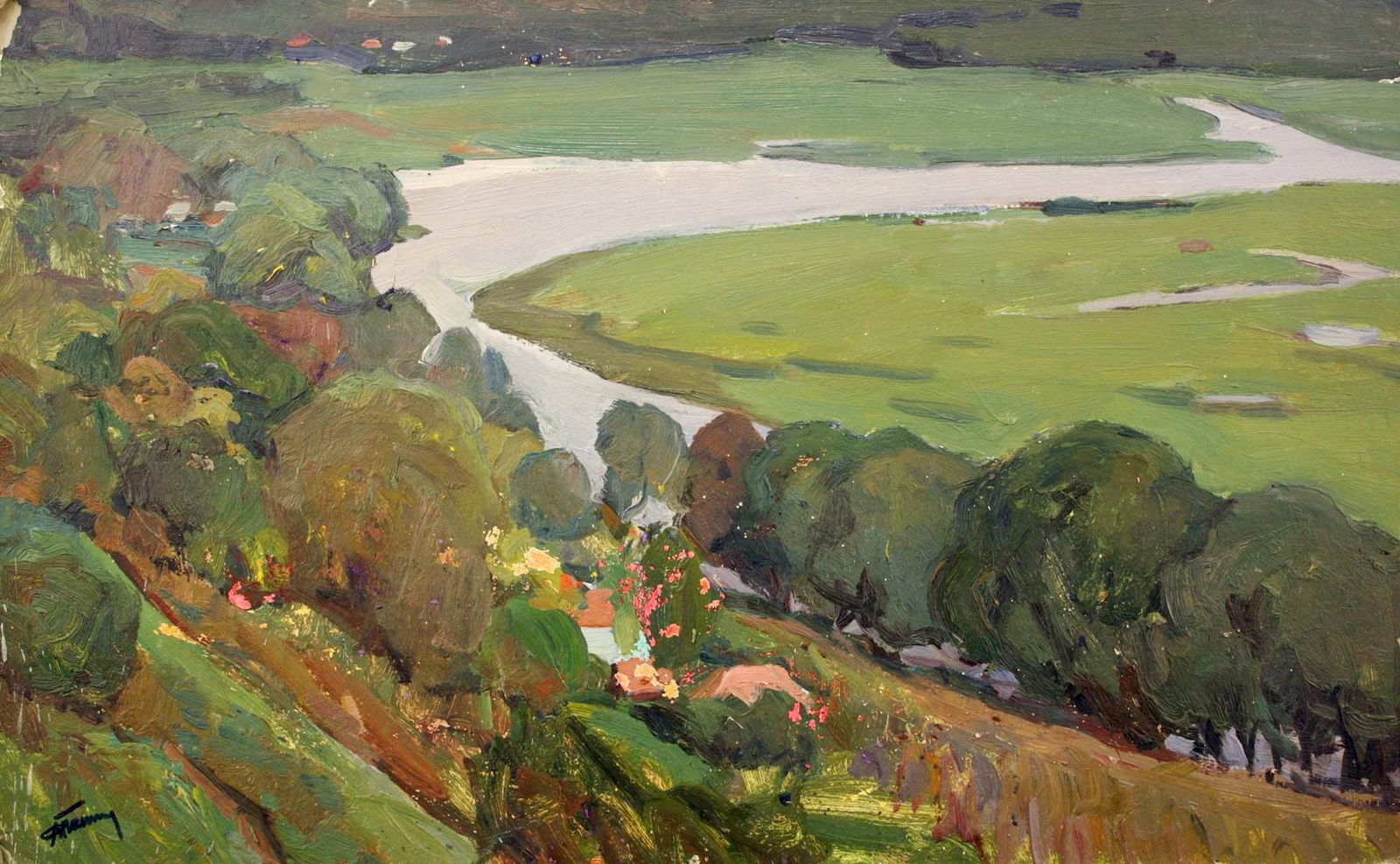 Hantman Moses (Ukrainian artist), "Gloomy summer day over Snove river", oil on cardboard: Title: Hantman Moses (Ukrainian artist), "Gloomy summer day over Snove river", oil on cardboard Artist: Hantman Moses Faybovych Description: ARTIST: Hantman Moses Faybovych, Ukrainian artist TITLE: "G