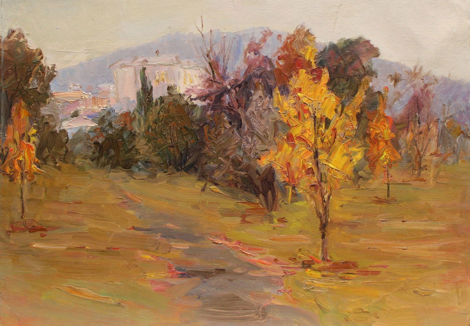 Unidentified (Ukrainian artist), "Home under the mountain", oil on cardboard (1 of 3)