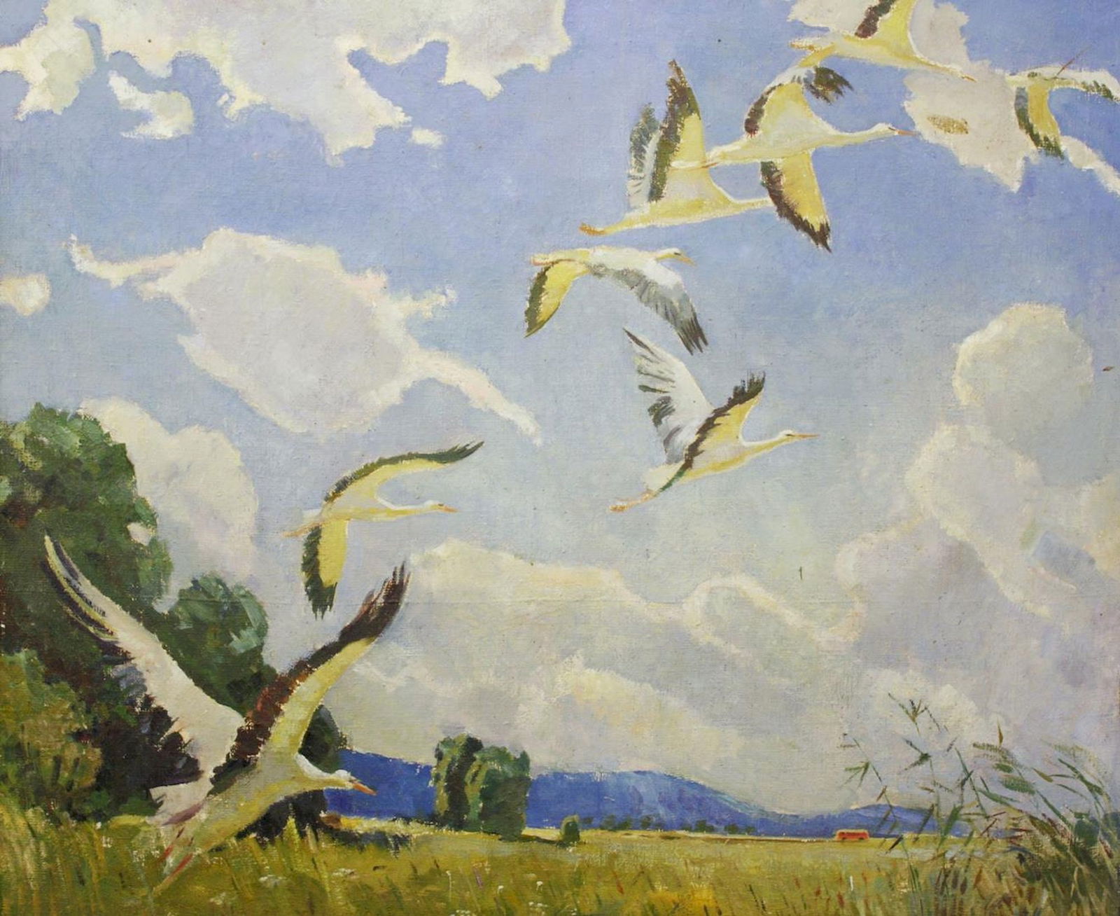 Unidentified (Ukrainian artist), "Storks (Copy of Ivan Tykhiy painting)", oil on canvas: Title: Unidentified (Ukrainian artist), "Storks (Copy of Ivan Tykhiy painting)", oil on canvas Artist: Unidentified Artist Description: ARTIST: Unidentified Artist TITLE: "Storks (Copy of Ivan Tykhiy