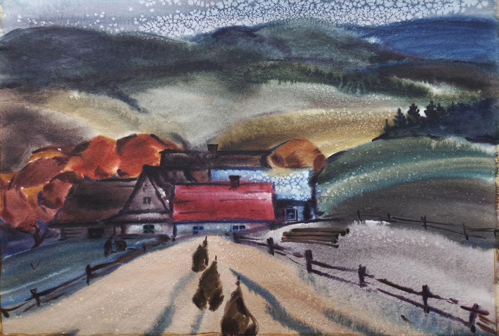 Mynka Olexandr (Ukrainian artist), "The village in the mountains", watercolor on paper (1 of 2)