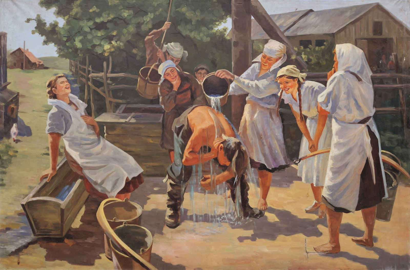 Unidentified (Ukrainian artist), "On the farm at the well", oil on canvas (1 of 3)