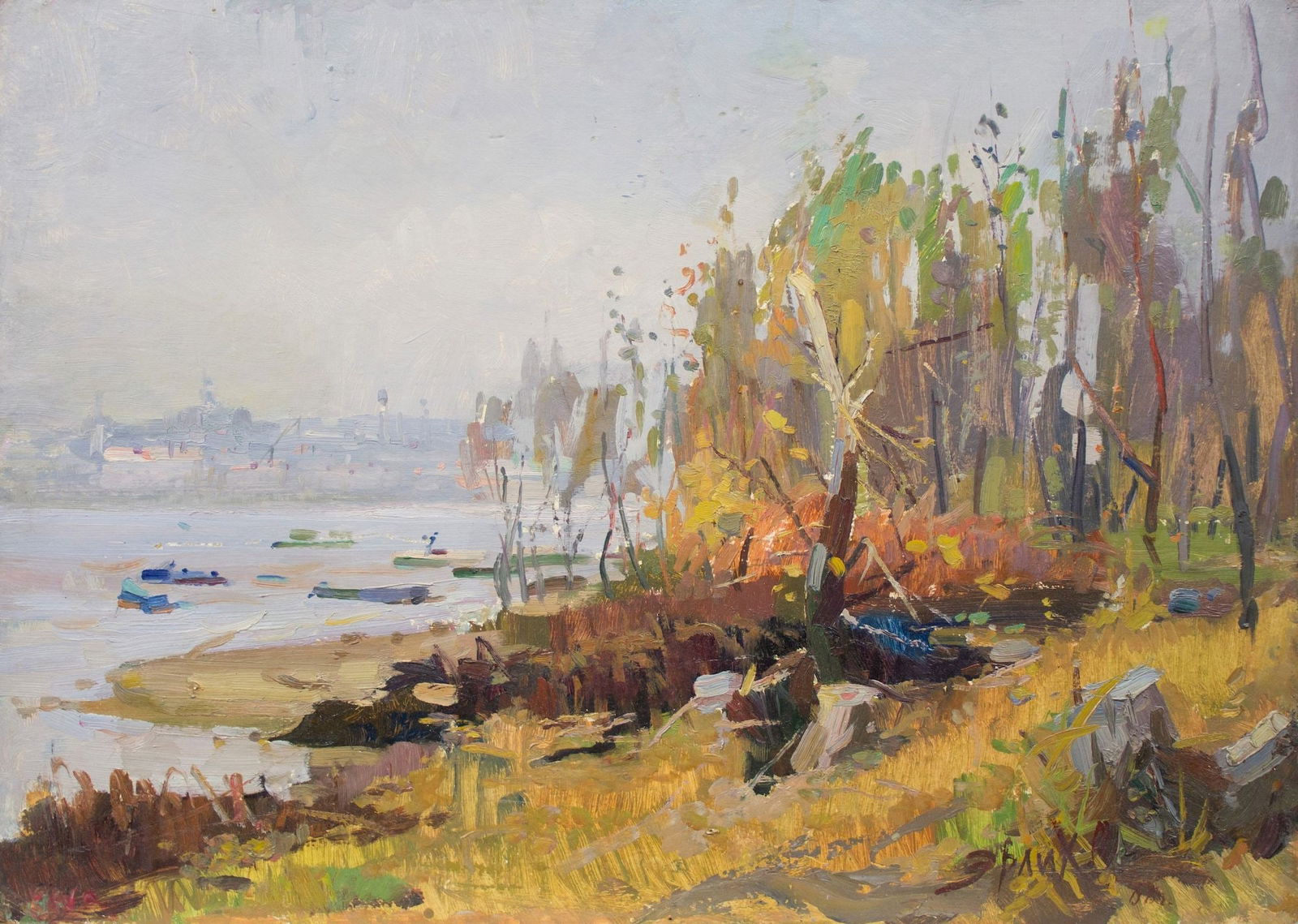 Erlih Volodymyr (Ukrainian artist), "Autumn on the Dnieper river", oil on cardboard: Title: Erlih Volodymyr (Ukrainian artist), "Autumn on the Dnieper river", oil on cardboard Artist: Erlih Volodymyr Isaakovich Description: ARTIST: Erlih Volodymyr Isaakovich, Ukrainian artist TITLE: "