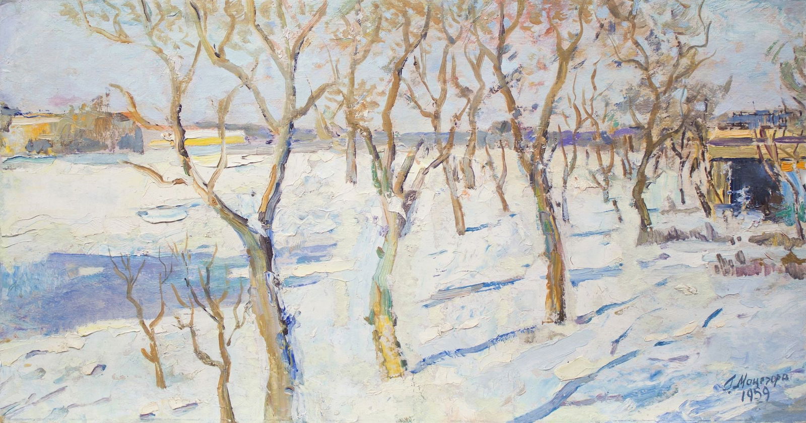 Matsegora Grigory (Ukrainian artist), "Zaporizhye suburbian", oil on cardboard: Title: Matsegora Grigory (Ukrainian artist), "Zaporizhye suburbian", oil on cardboard Artist: Matsegora Grigory Prokopovich Description: ARTIST: Matsegora Grigory Prokopovich, Ukrainian artist TITLE: