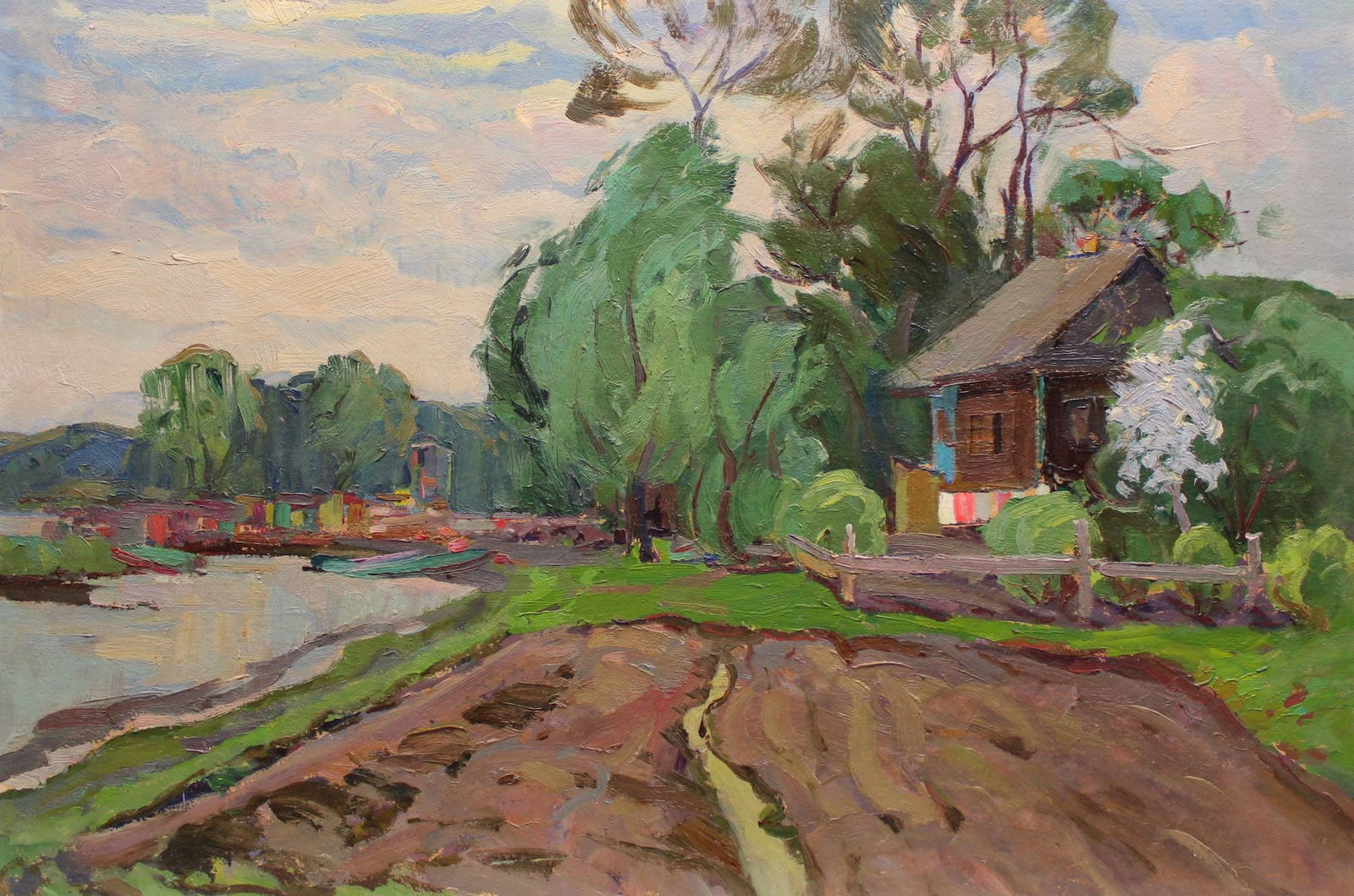 Karpenko (Ukrainian artist), "Springtime", oil on cardboard: Title: Karpenko (Ukrainian artist), "Springtime", oil on cardboard Artist: Karpenko A.I. Description: ARTIST: Karpenko A.I., TITLE: "Springtime" SIZE: 50 x 69 cm, (19 3/4 x 27 1/4 in.) MEDIUM: oil