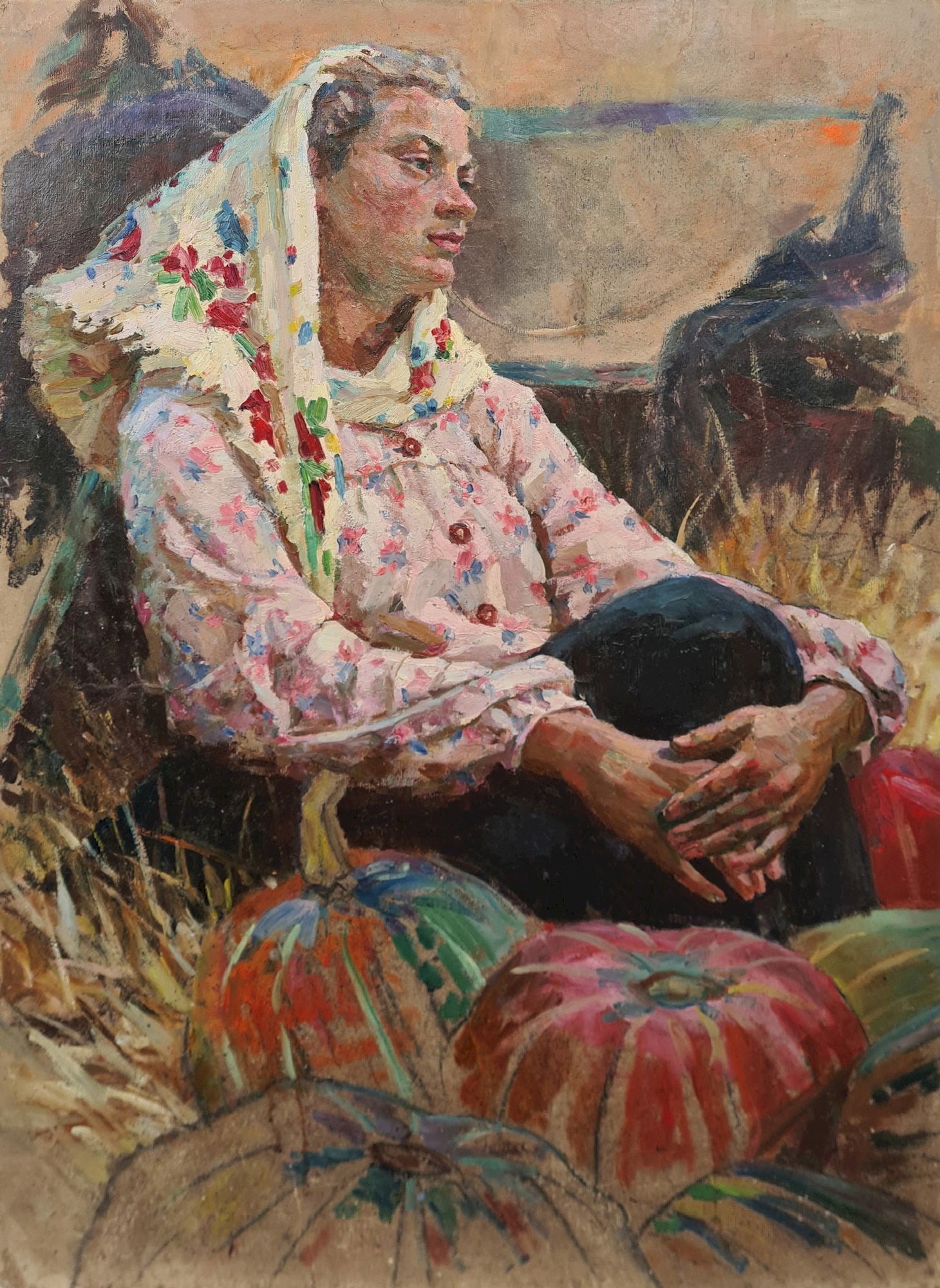 Unidentified (Ukrainian artist), "Thinking", oil on cardboard: Title: Unidentified (Ukrainian artist), "Thinking", oil on cardboard Artist: Unidentified Artist Description: ARTIST: Unidentified Artist TITLE: "Thinking" SIZE: 95 x 68 cm, (37 2/4 x 26 3/4 in.)