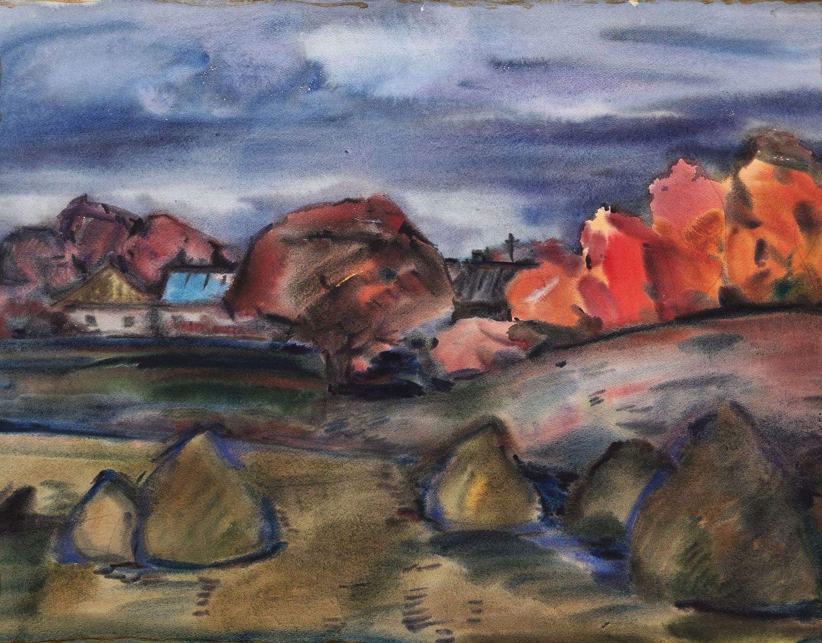 Kirilkov Valentin (Ukrainian artist), "Haystacks behind the village", watercolor on paper: Title: Kirilkov Valentin (Ukrainian artist), "Haystacks behind the village", watercolor on paper Artist: Kirilkov Valentin Feodosievich Description: ARTIST: Kirilkov Valentin Feodosievich, Ukrainian a
