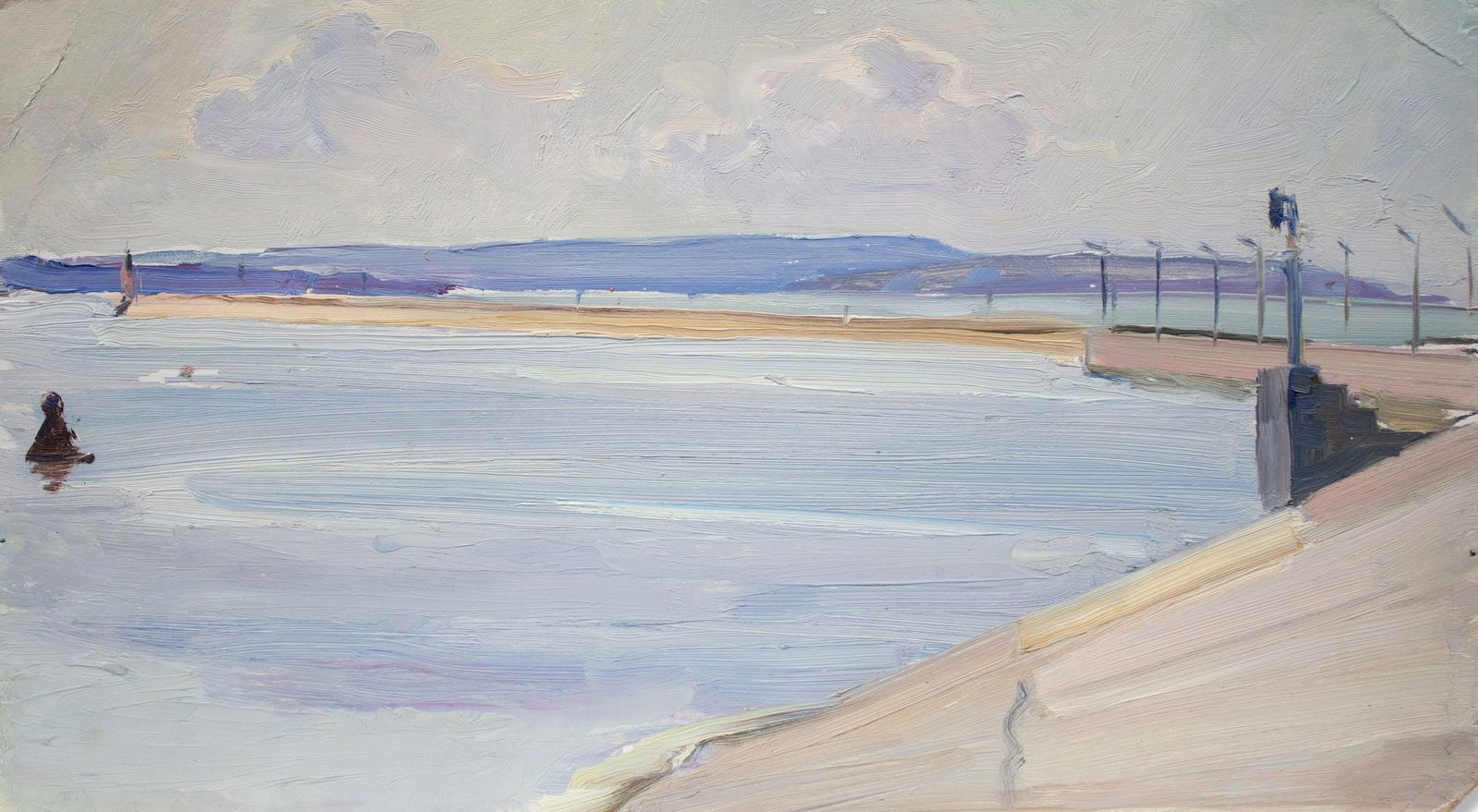 Unidentified (Ukrainian artist), "Quay", oil on cardboard: Title: Unidentified (Ukrainian artist), "Quay", oil on cardboard Artist: Unidentified Artist Description: ARTIST: Unidentified Artist TITLE: "Quay" SIZE: 19 x 35 cm, (7 2/4 x 13 3/4 in.) MEDIUM: oil o