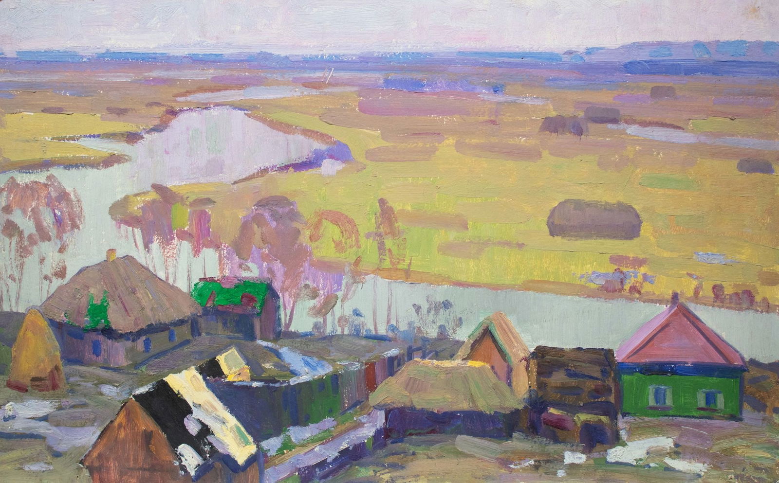 Tyukha Ivan (Ukrainian artist), "The village is on the river", oil on cardboard: Title: Tyukha Ivan (Ukrainian artist), "The village is on the river", oil on cardboard Artist: Tyukha Ivan Andriyovich Description: ARTIST: Tyukha Ivan Andriyovich, Ukrainian artist TITLE: "The villag