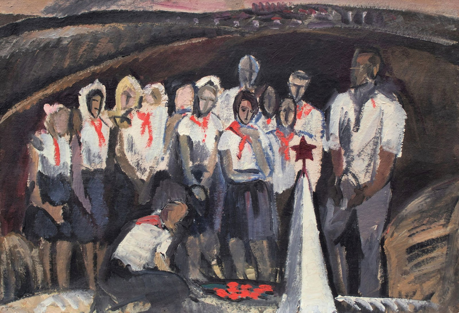 Unidentified (Ukrainian artist), "Pioneers near the monument to the unknown soldier", oil on: Title: Unidentified (Ukrainian artist), "Pioneers near the monument to the unknown soldier", oil on cardboard Artist: Unidentified Artist Description: ARTIST: Unidentified Artist TITLE: "Pioneers near