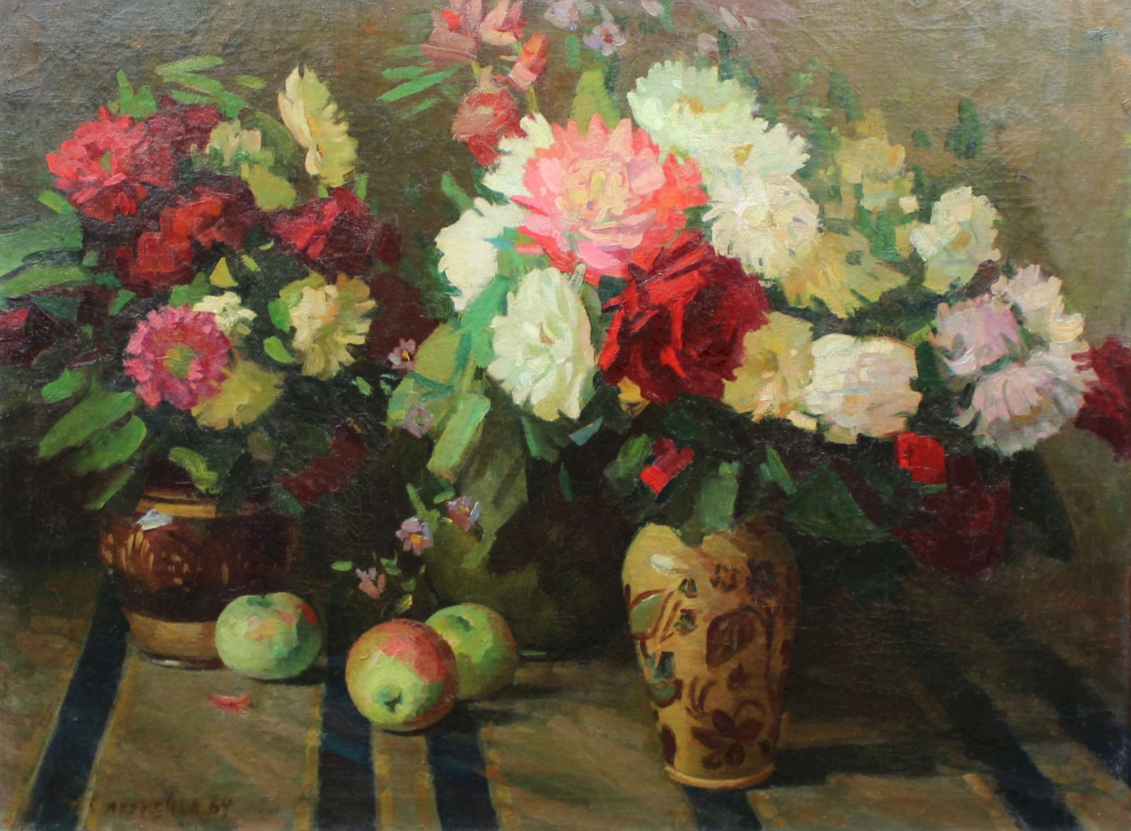 Sirotenko Nadiya (Ukrainian artist), "Flowers in a vase and apples", oil on canvas: Title: Sirotenko Nadiya (Ukrainian artist), "Flowers in a vase and apples", oil on canvas Artist: Sirotenko Nadiya Olexandrivna Description: ARTIST: Sirotenko Nadiya Olexandrivna, Ukrainian artist TIT