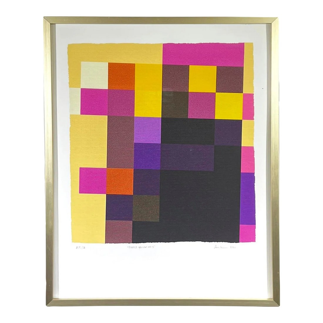 "Purple Yellow No.5" Abstract Geometric Artist Proof Giclee Print: Purple Yellow No.5 by Chicago-area designer Arrin Williams. Quilt-inspired abstract minimal geometry; definite graphic design, pixel art color theory vibes. GiclÃ©e archival print on paper o