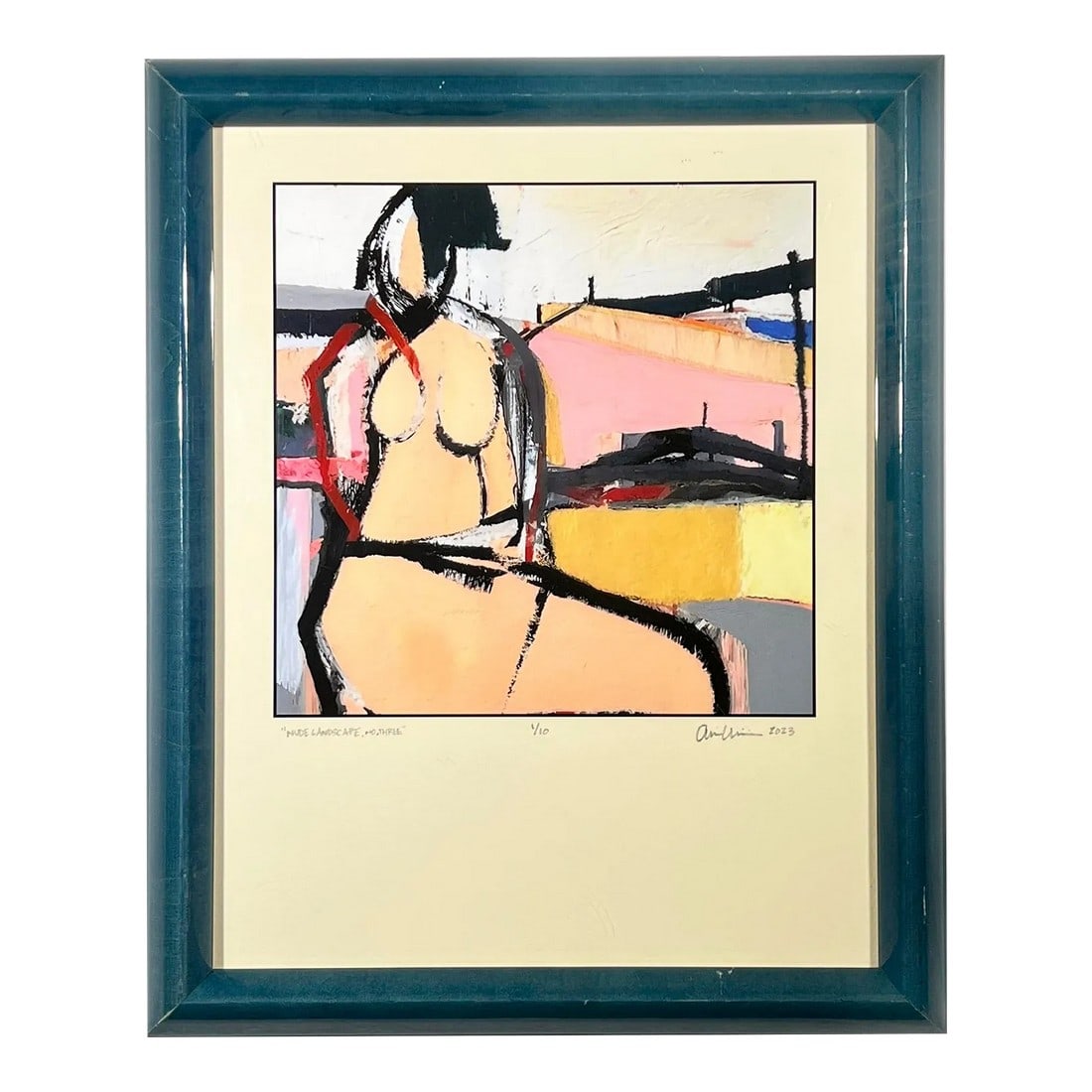Gestural Female "Nude Landscape, No. Three" Original Limited Edition Giclee Print: Nude Landscape, No. Three is a gestural, figural en plein air female portrait. Pink, peach, and yellow compliment the thick black marks. GiclÃ©e archival print of original, digital painting