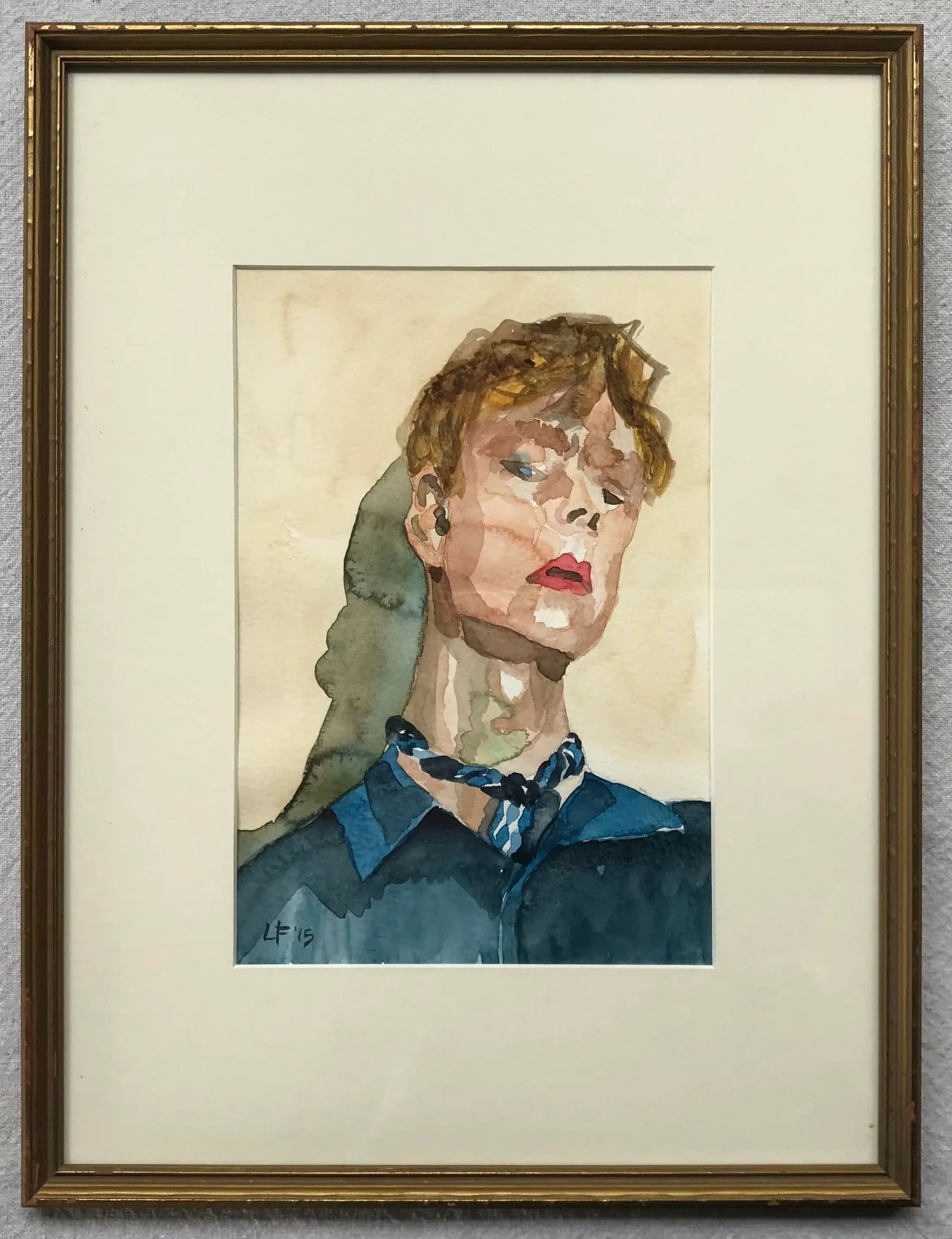 Modern Expressionist Portrait Original Watercolor Painting in Vintage Giltwood Frame - 11