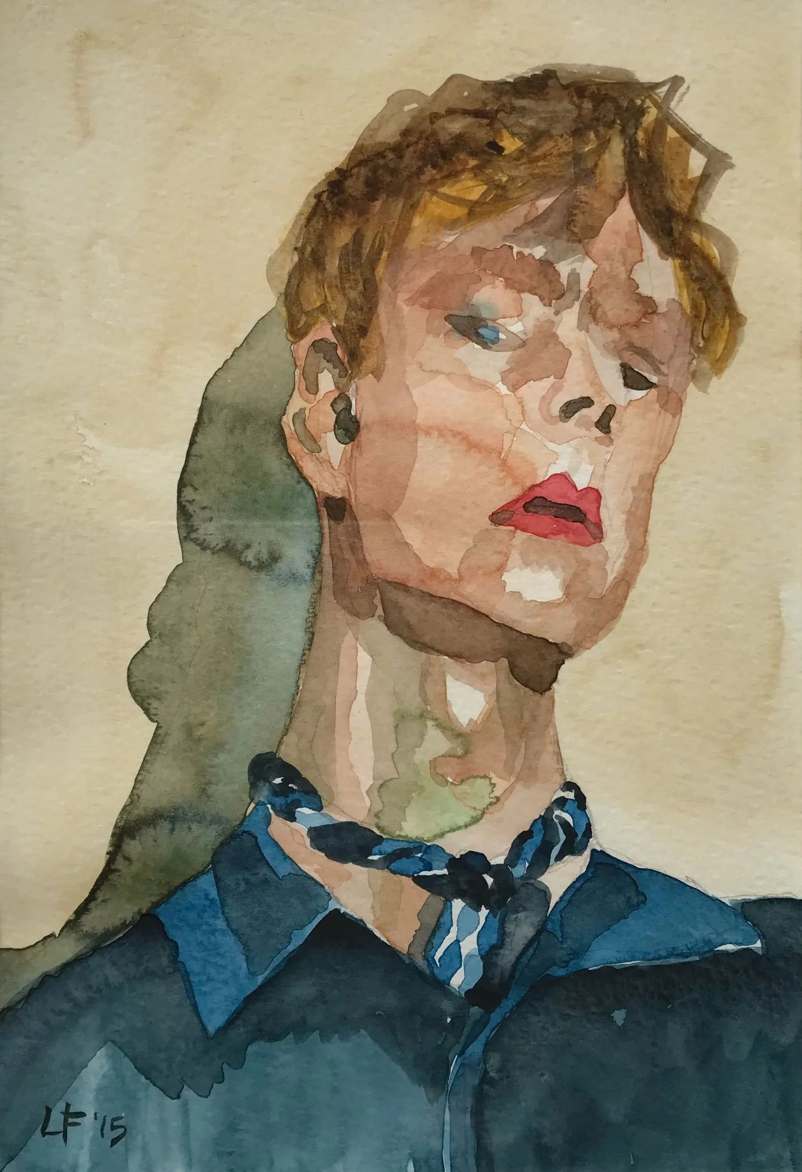 Modern Expressionist Portrait Original Watercolor Painting in Vintage Giltwood Frame - 3