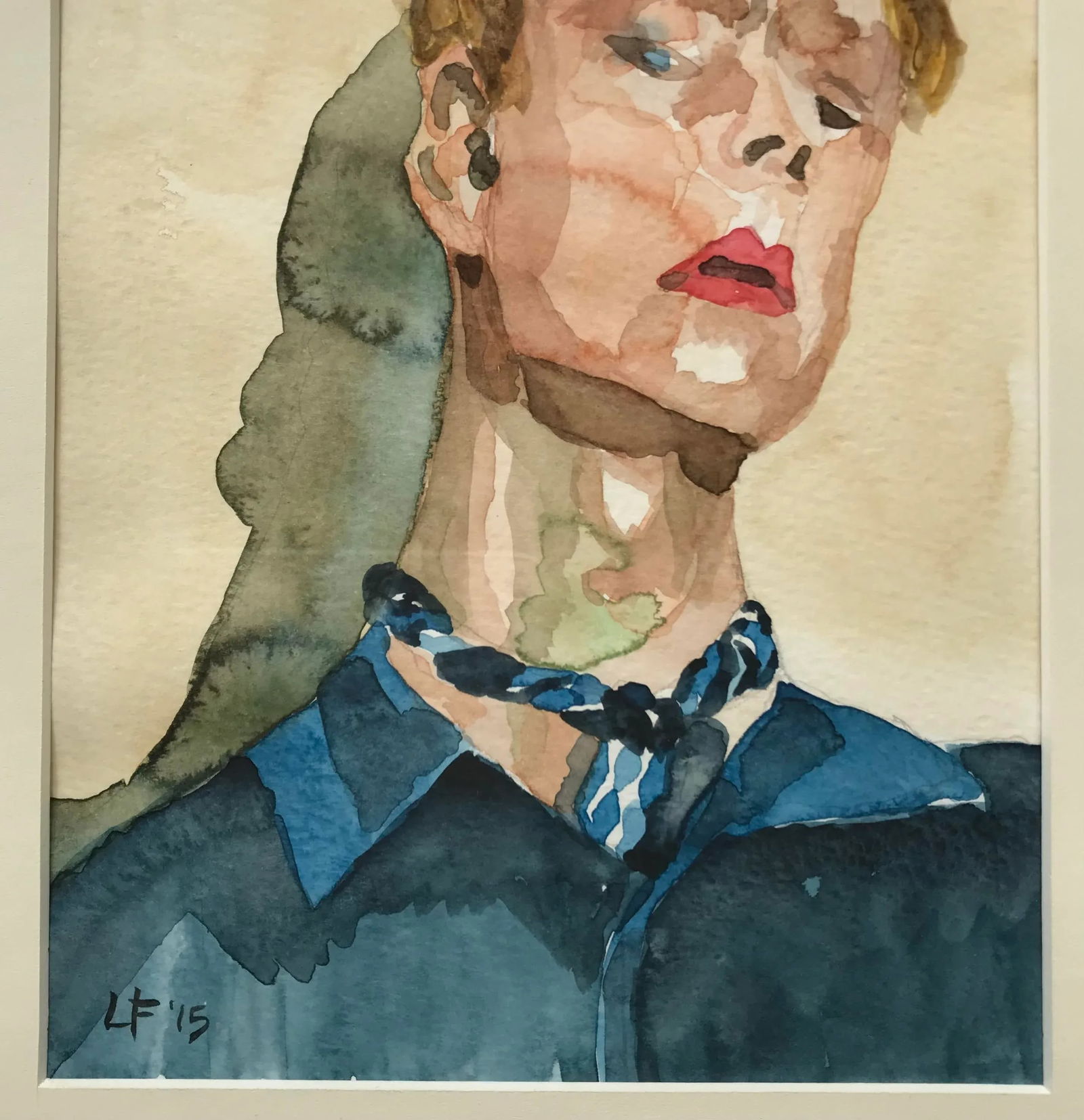 Modern Expressionist Portrait Original Watercolor Painting in Vintage Giltwood Frame - 5