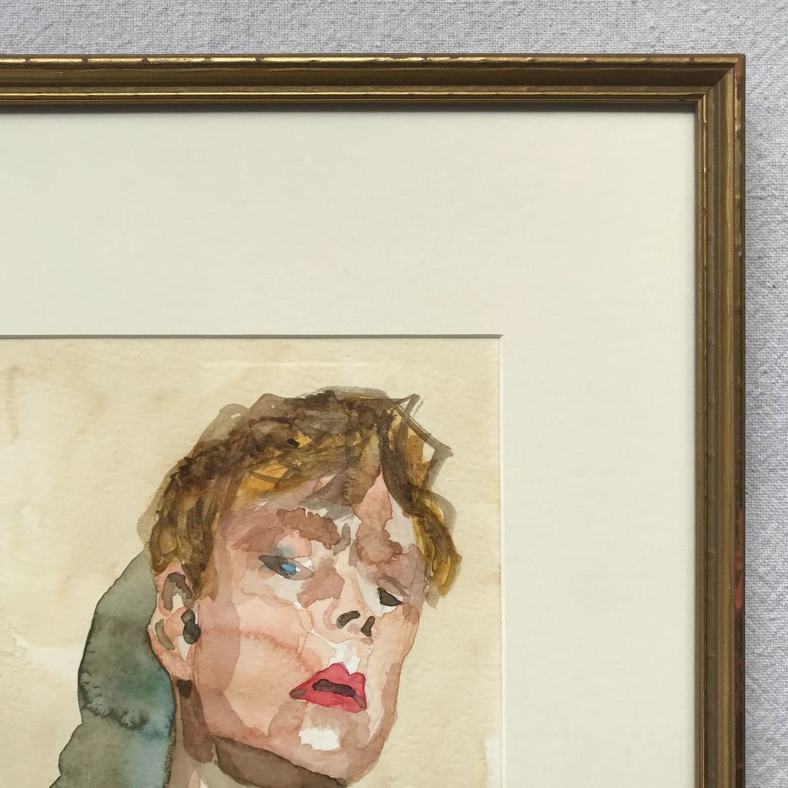 Modern Expressionist Portrait Original Watercolor Painting in Vintage Giltwood Frame - 7