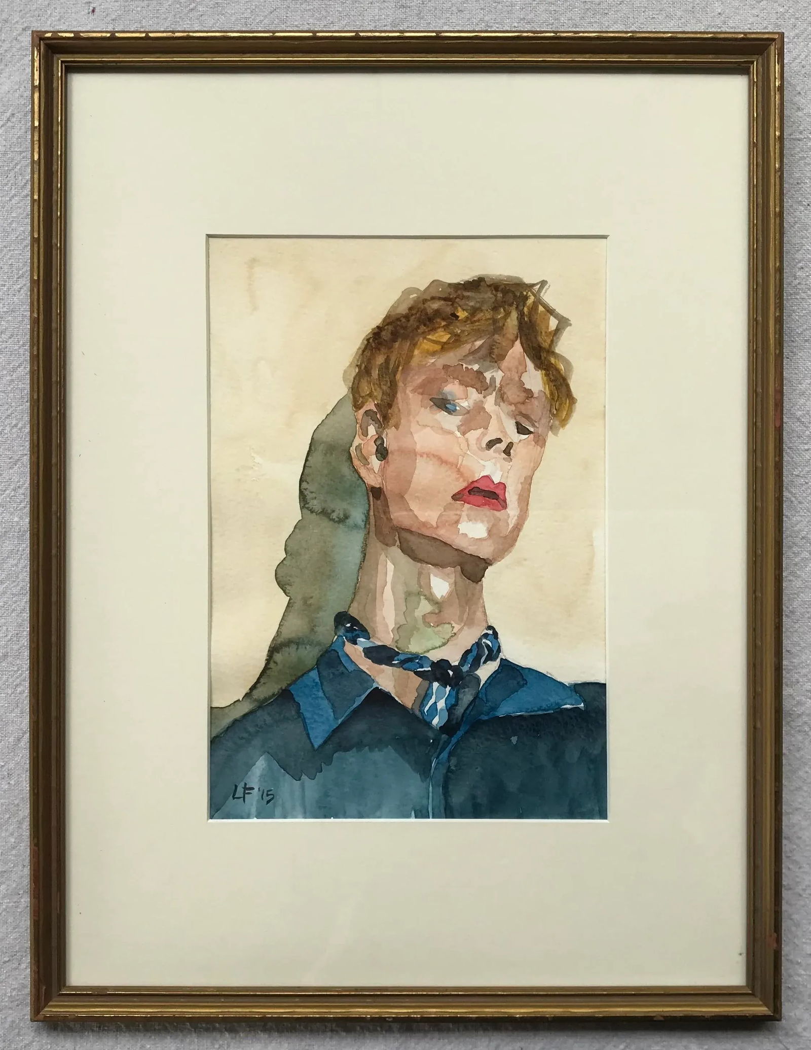 Modern Expressionist Portrait Original Watercolor Painting in Vintage Giltwood Frame - 9