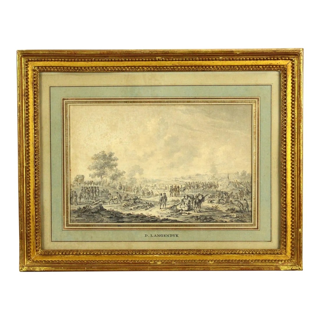 1793 Dirk Langendyk (Dutch, 1748-1805) Watercolor, Ink & Wash Battle Scene: An OUTSTANDING late 18th century panoramic view of an historic battlefield. It looks like the troops are regrouping after the battle Wounded soldiers and horses are depicted in the foreground A