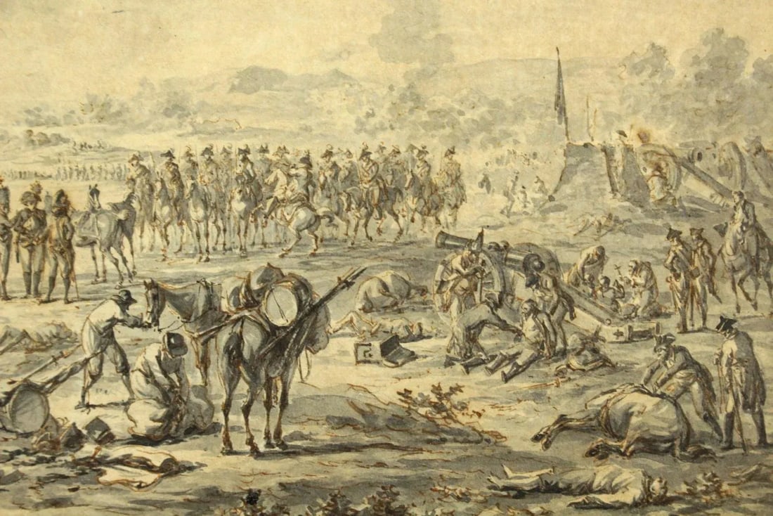 1793 Dirk Langendyk (Dutch, 1748-1805) Watercolor, Ink & Wash Battle Scene - 5