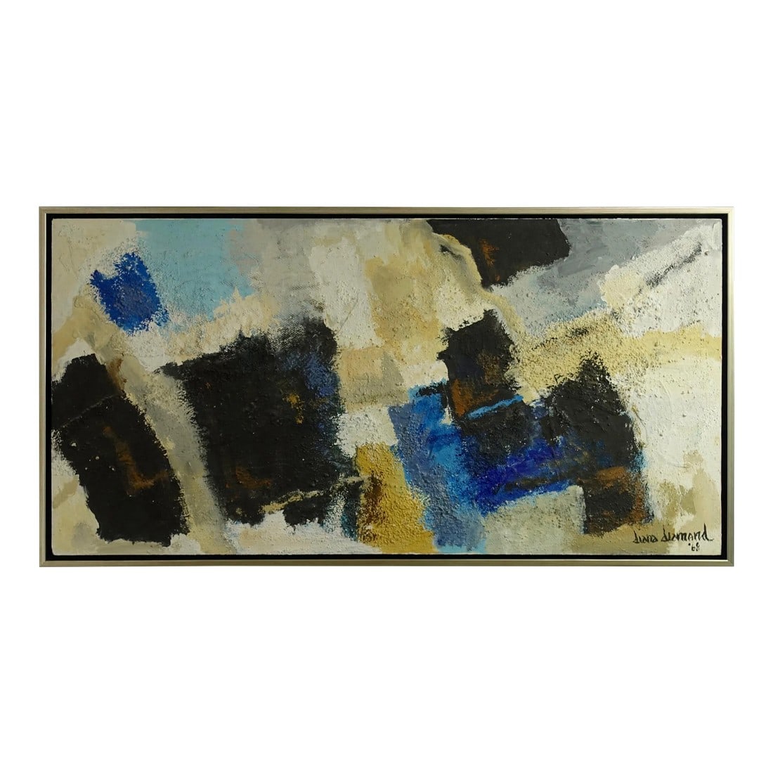 Mid-Century Abstract Mixed-Media Painting by Diana Diamond, California, 1968: A heavily textured large abstract mixed media painting by American California artist Diana Diamond, signed lower left and dated 1968. Acrylic with crinoline fabric on canvas. Recently framed. Blues,