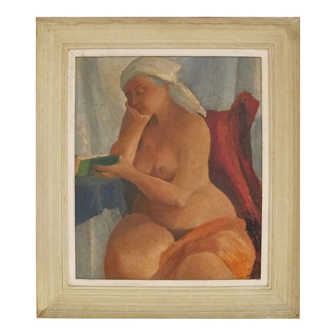 Mid-20th Century Expressionist Nude Painting: Mid-Century Modernist / Expressionist style nude oil painting, beautifully painted and lovely colors, signed but signature illegible. Oil on canvas in original wood frame. Condition: Alterations: