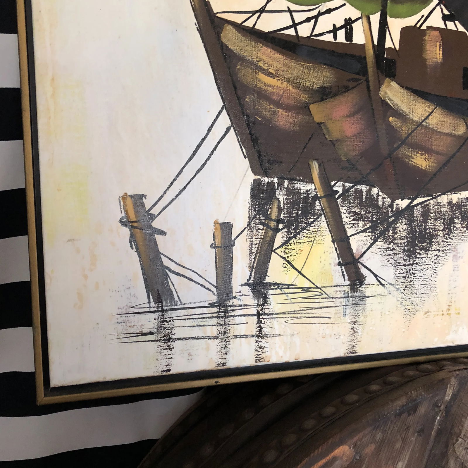 1970s Vintage Oil on Canvas Boat Painting - 4