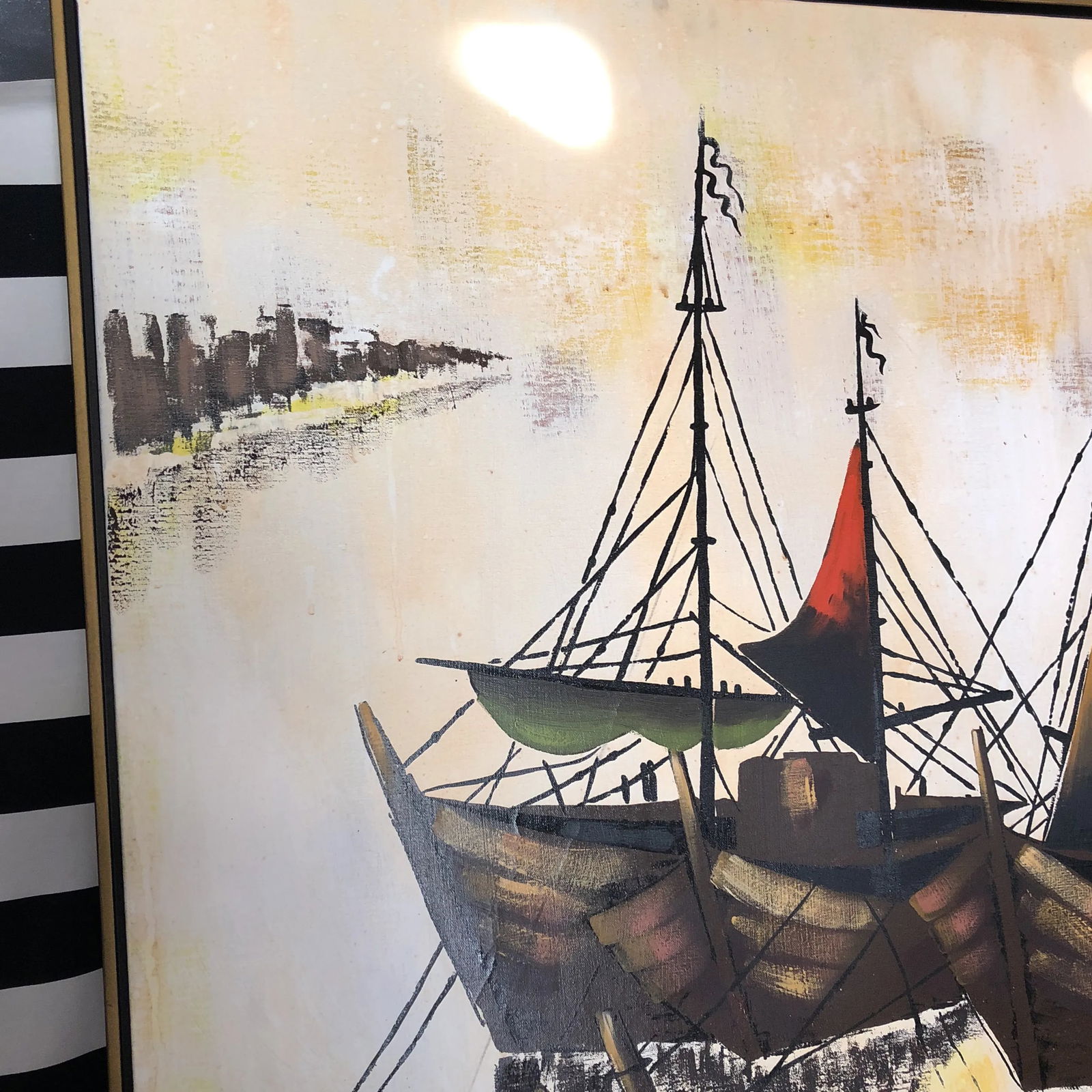 1970s Vintage Oil on Canvas Boat Painting - 5