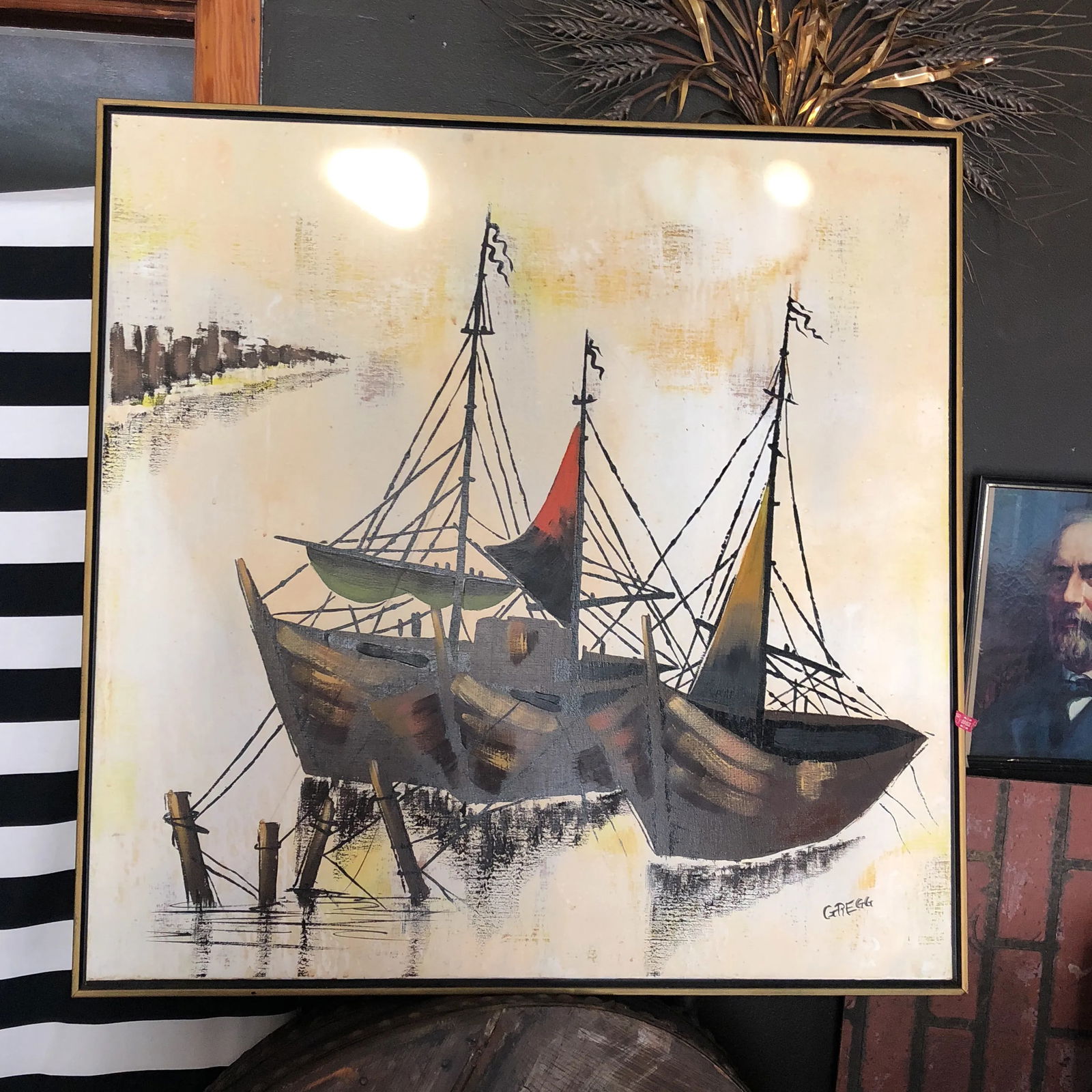1970s Vintage Oil on Canvas Boat Painting - 6
