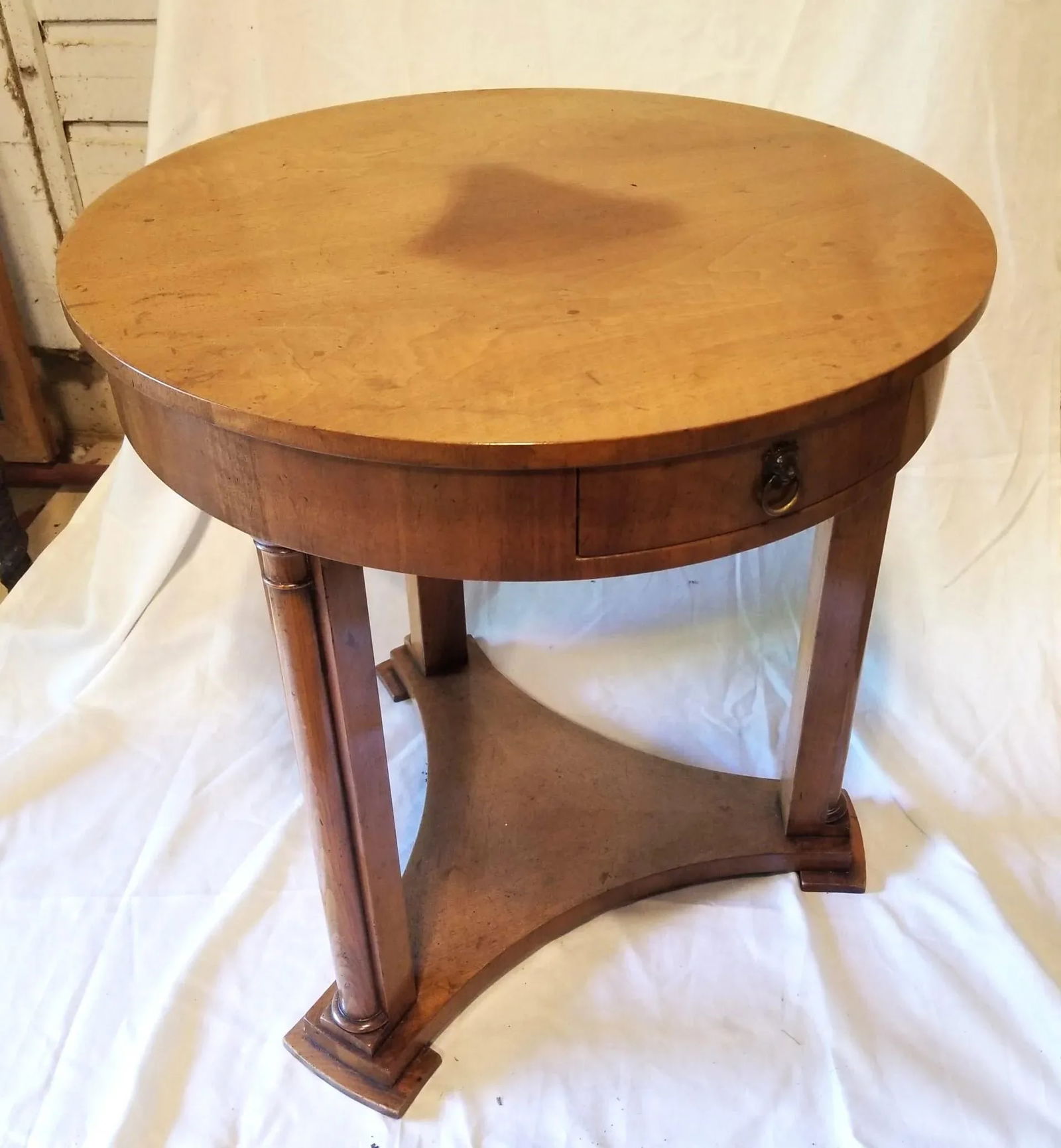 1950s Biedermeier Round Three-Leg Table With Column Details by Baker - 2