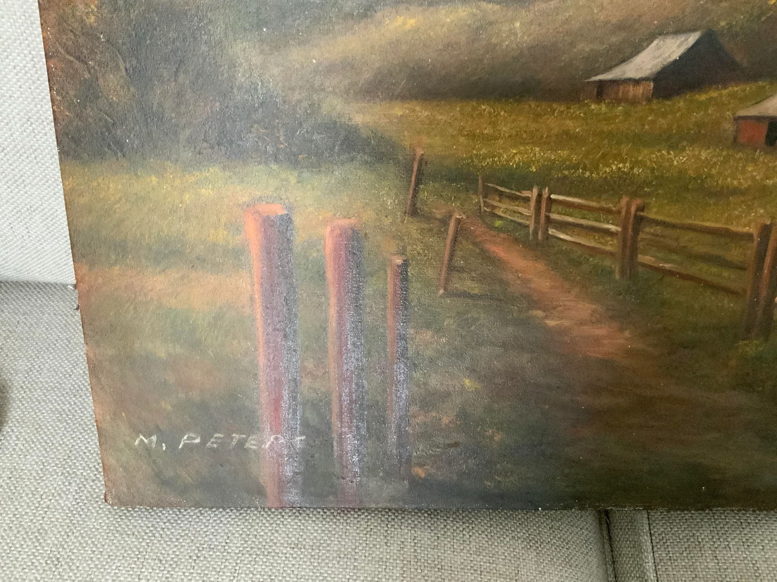 1980s "The Farm" Rustic Landscape Oil Painting on Canvas - 6