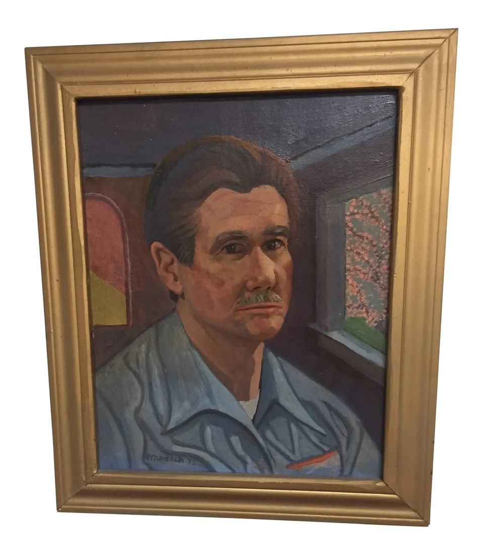 Oil on Board of Modern Self Portrait: Oil on board of modern self portrait of the artist signed Murdoch 73 lower right purchased at the artist's estate sale in Houston Texas Condition: Condition Notes: Excellent - Minor wear consistent wi