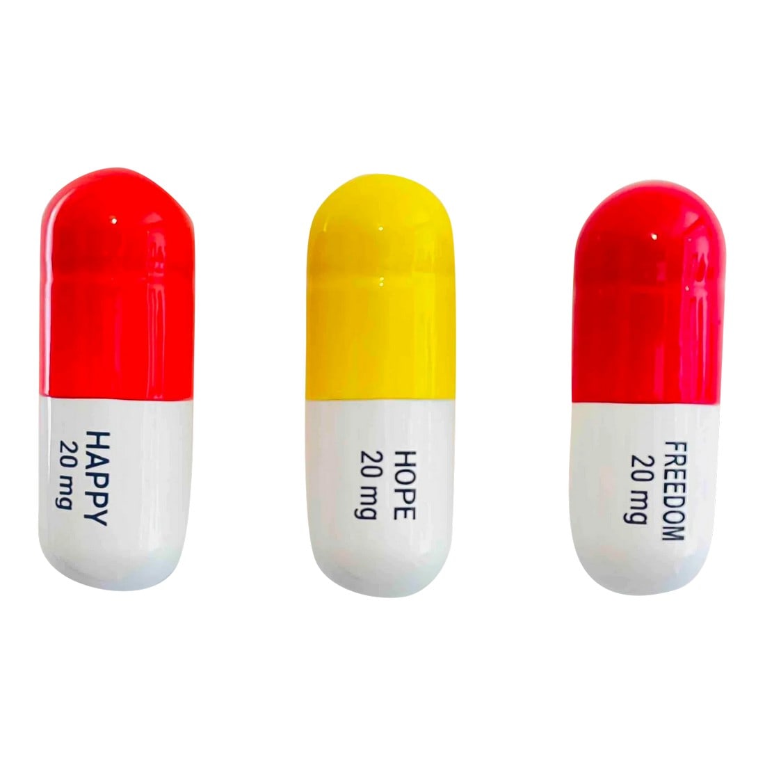 Tal Nehoray, 20 Mg Happy Pill Combo (Red, Yellow and Orange) Set of 3 Still Life Sculptures: This new work by Tal Nehoray is from her latest body of works called "Happy Pills". All are hand made with ceramic and hand painted with automotive paint. It is a combination of 3 ceramic sculptures e