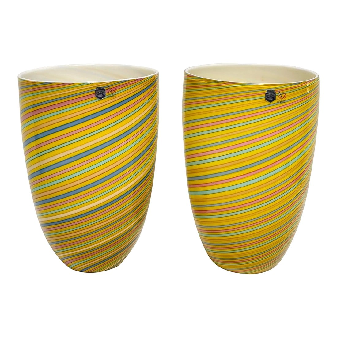 Pair of 2000s Large Gino Cenedese "˜Filigrana' Murano Italian Glass Vases: These beautiful and vibrant Tall Cenedese vases measure 11.75" tall and 7.75" in diameter at widest. They were hand blown in Murano, Italy making each one unique. . Condition: Alterations: