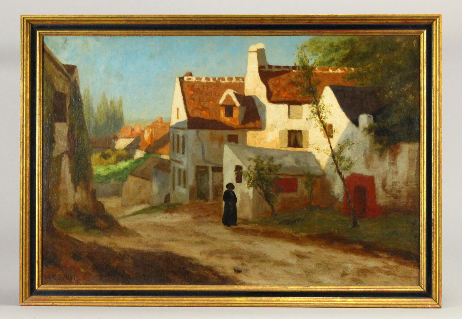 Marcus Waterman (American, 1834-1914) Oil on Canvas, Figure in a Small Village Road - 11