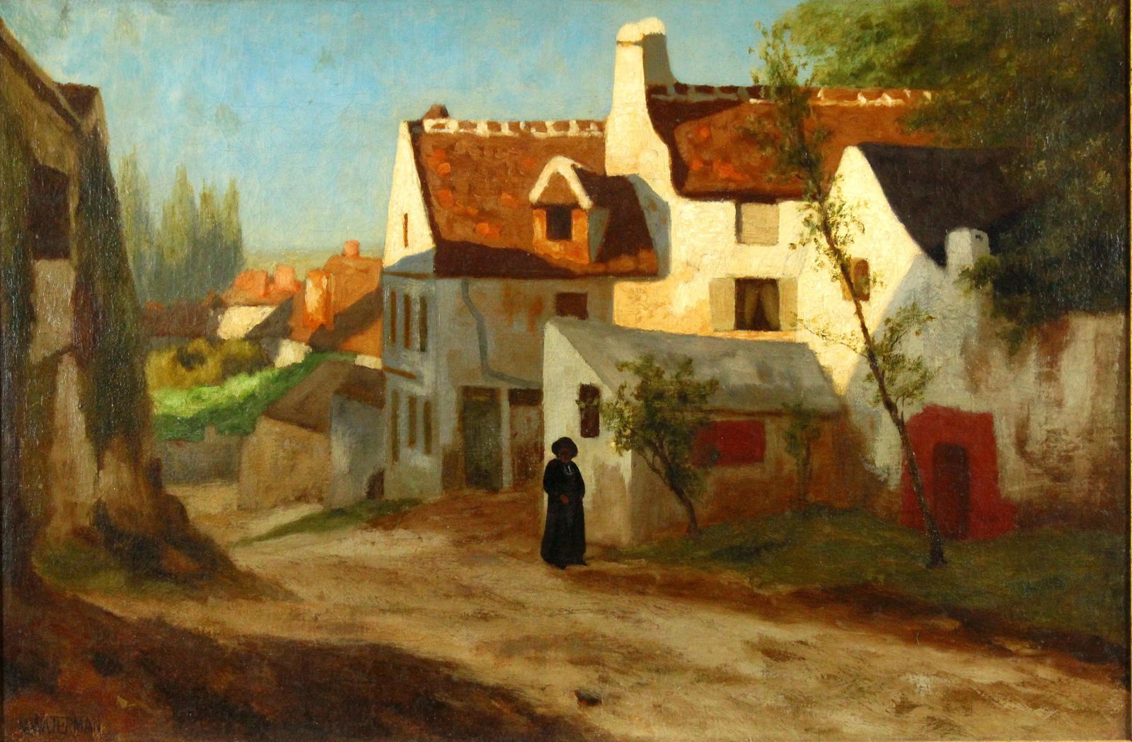 Marcus Waterman (American, 1834-1914) Oil on Canvas, Figure in a Small Village Road - 2