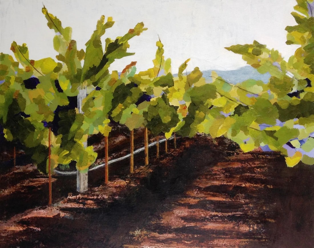 "Early Harvest" Impressionist Napa Valley California Wine Country Vineyard Landscape in Rust, Gree: Title: "Early Harvest" Wild shoots above a vast sea of green contrast with orderly rows in a Napa Valley vineyard. Original (New) - Acrylic on canvas My art is inspired by both natural and built envir