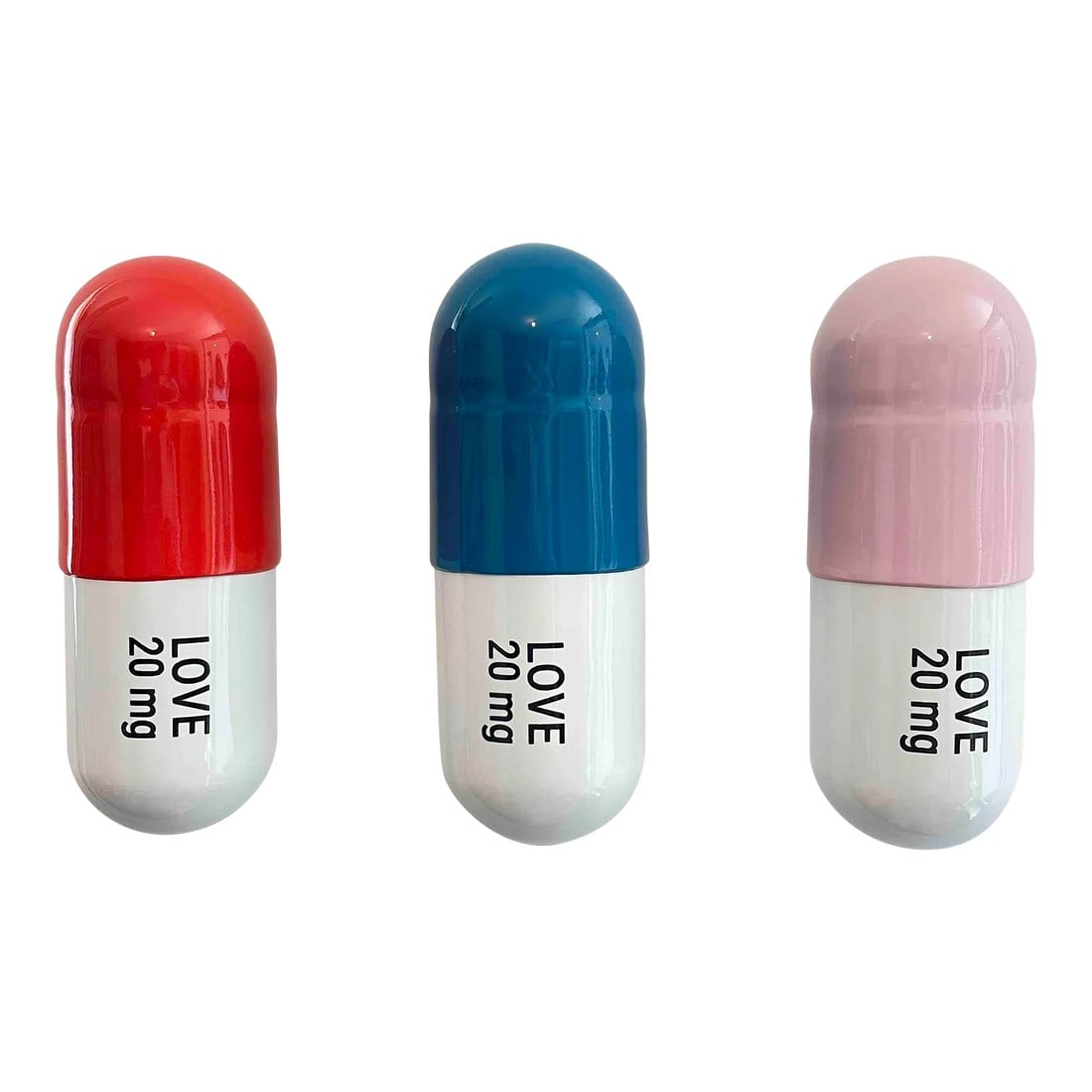 20 Mg Love Pill Combo (Light Pink, Turquoise and Orange) - Set of 3 Pop Art Sculptures by Tal Nehora: This new work by Tal Nehoray is from her latest body of works called "Happy Pills". All are hand made with ceramic and hand painted with automotive paint. It is a combination of 3 ceramic sculptures e