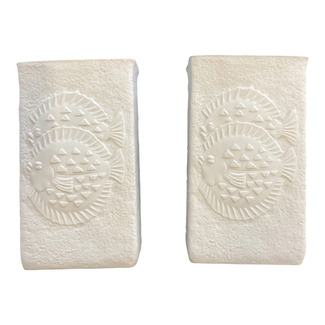 1960's German Plaster Vases, Fish Detailing.: This pair of German vases brings a subtle touch of character with fun detailing of aquatic life balancing the all white palette of the plaster containers Condition: Alterations: Original Condition Una