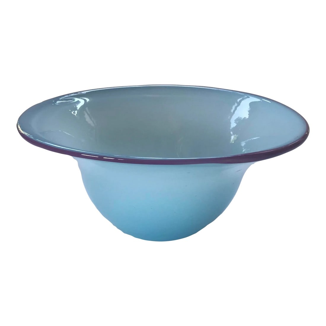 Vintage 1980s Postmodern Hand Blown Murano Art Glass Bowl: Vintage hand blown studio art glass bowl, circa 1980s. Pastel baby blue glass is nearly opaque at the base and becomes more translucent moving up to the top. Purple edge at lip. Subtle swirls, bubbles