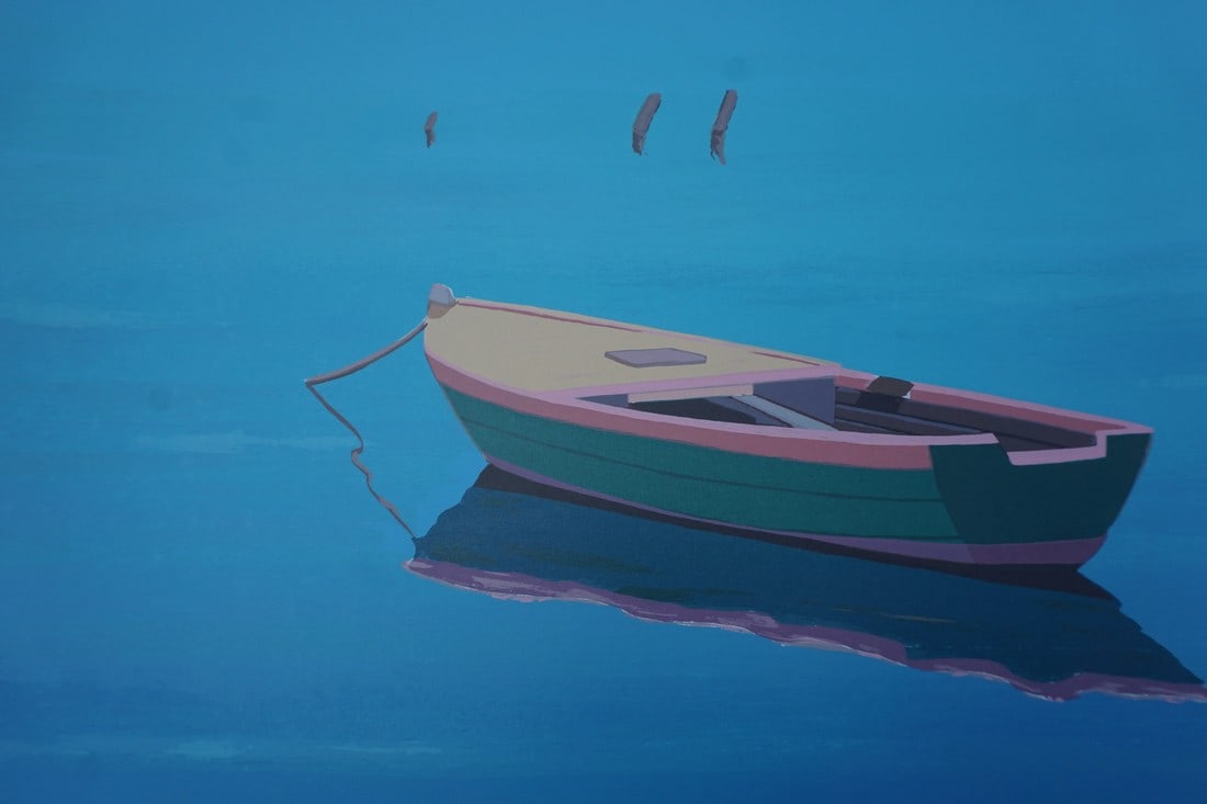 1980s Original Signed Silkscreen 'Stillwater Cove' by Carol Bodendieck Chapman: This silkscreen 'Stillwater Cove' by Carol Bodendieck Chapman (b. 1936) is beautiful in its simplicity. It evokes a calm early morning on the water. Circa 1980 it is number 22 out of an edition of 200