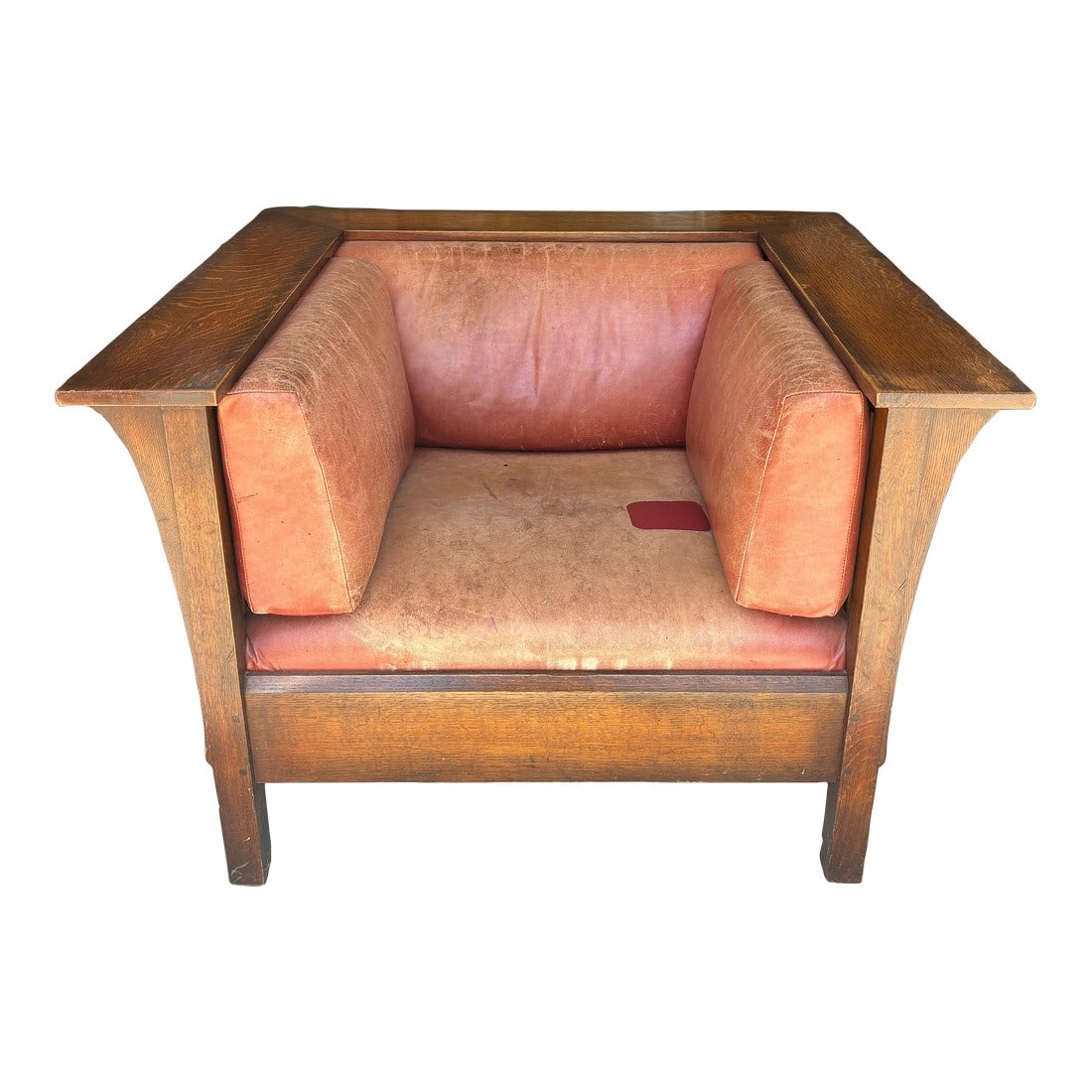 Stickley Mission Prairie Armchair: Purchased new in 2004, this spindle chair is handsome and substantial. Condition: Alterations: Original Design Modified Imperfections: Needs Restoration Condition Notes: Red leather upholstery is fade