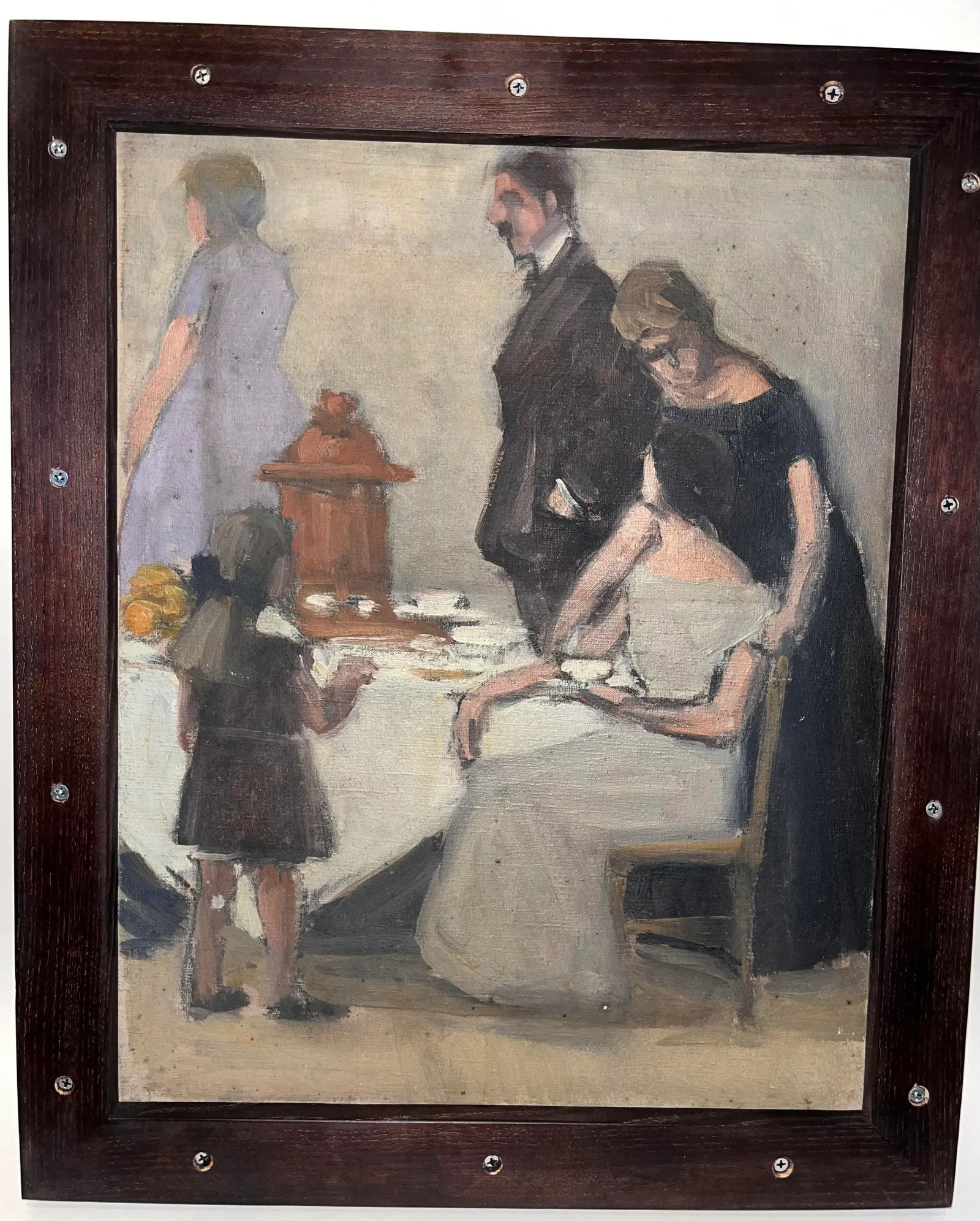 Vintage Framed Double-Sided Painting with Marina Harbor Scene and a Family Portrait - 10