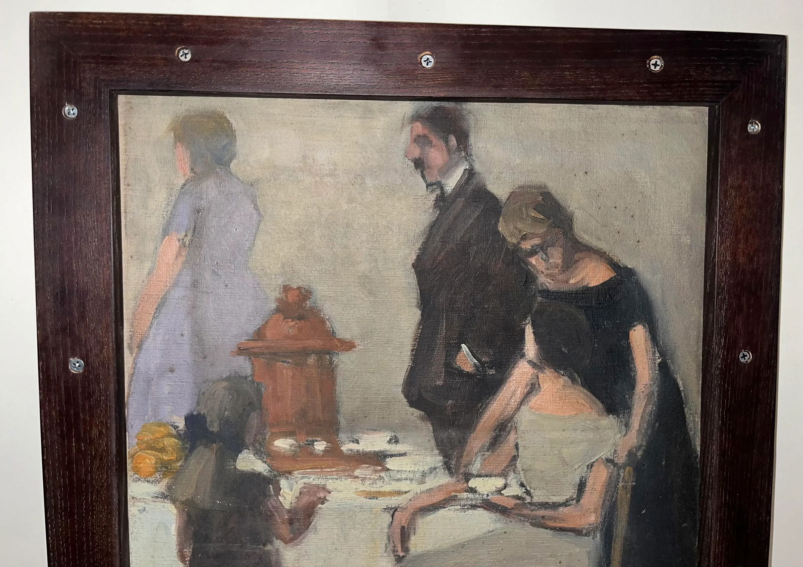 Vintage Framed Double-Sided Painting with Marina Harbor Scene and a Family Portrait - 11