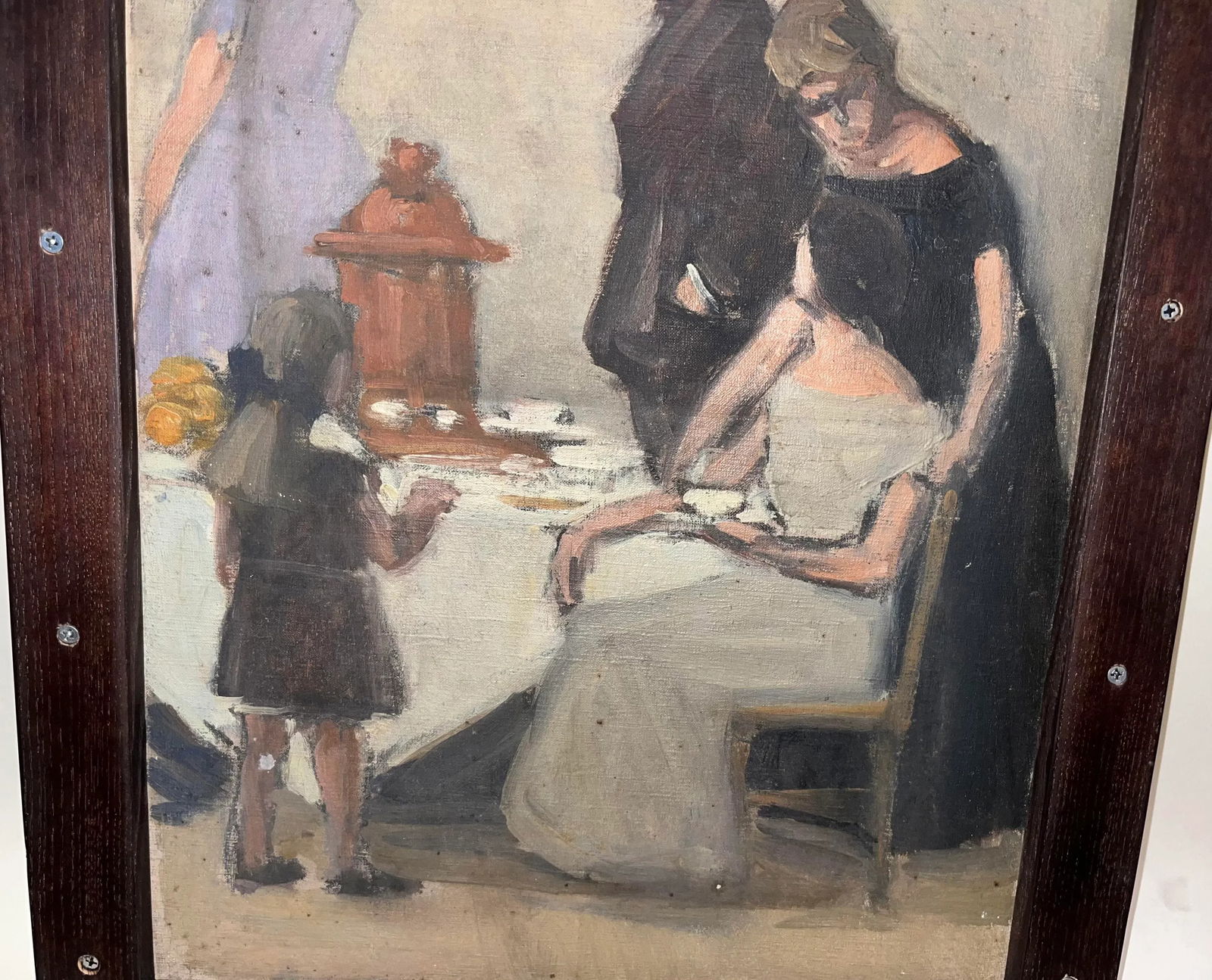 Vintage Framed Double-Sided Painting with Marina Harbor Scene and a Family Portrait - 12