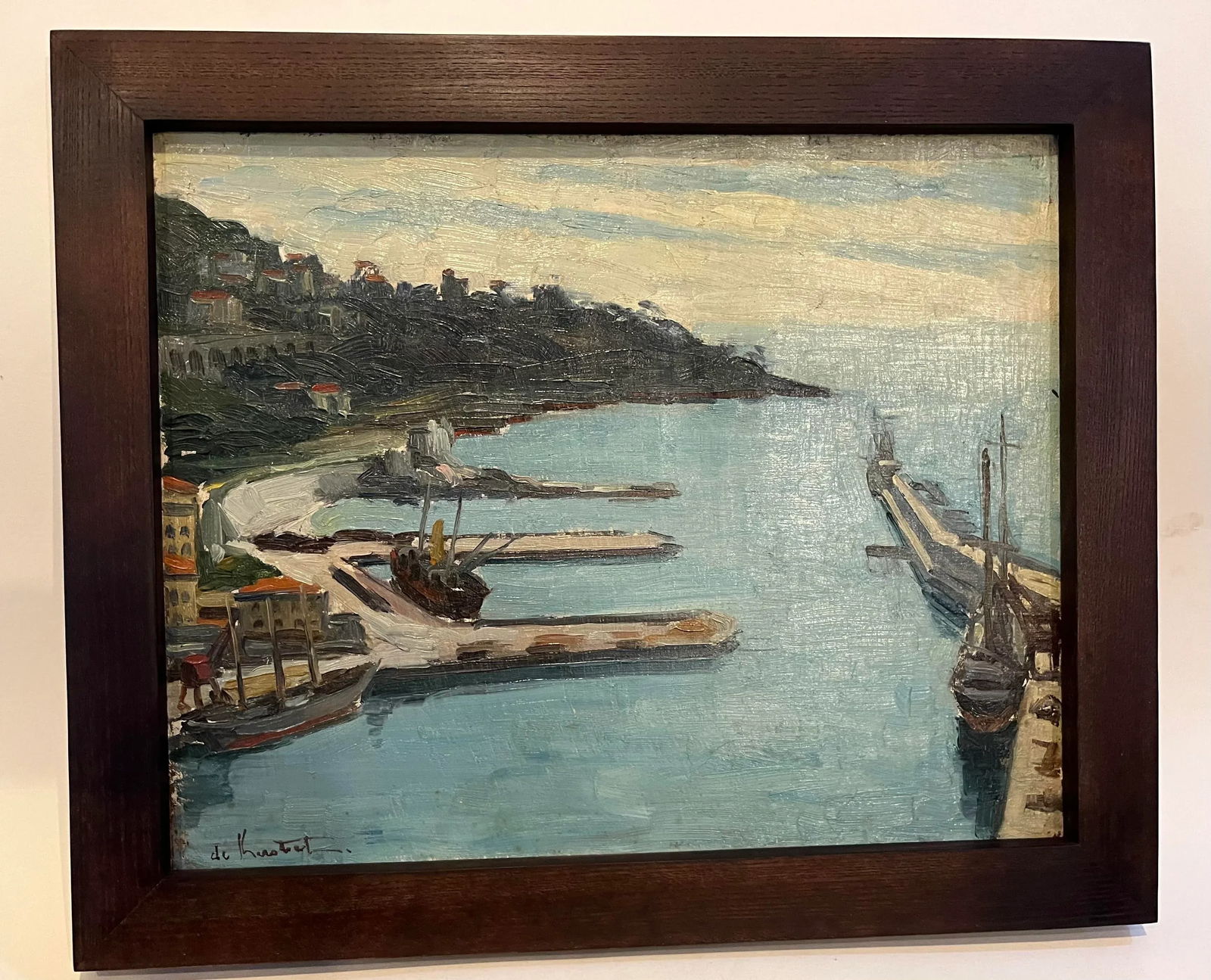 Vintage Framed Double-Sided Painting with Marina Harbor Scene and a Family Portrait - 2